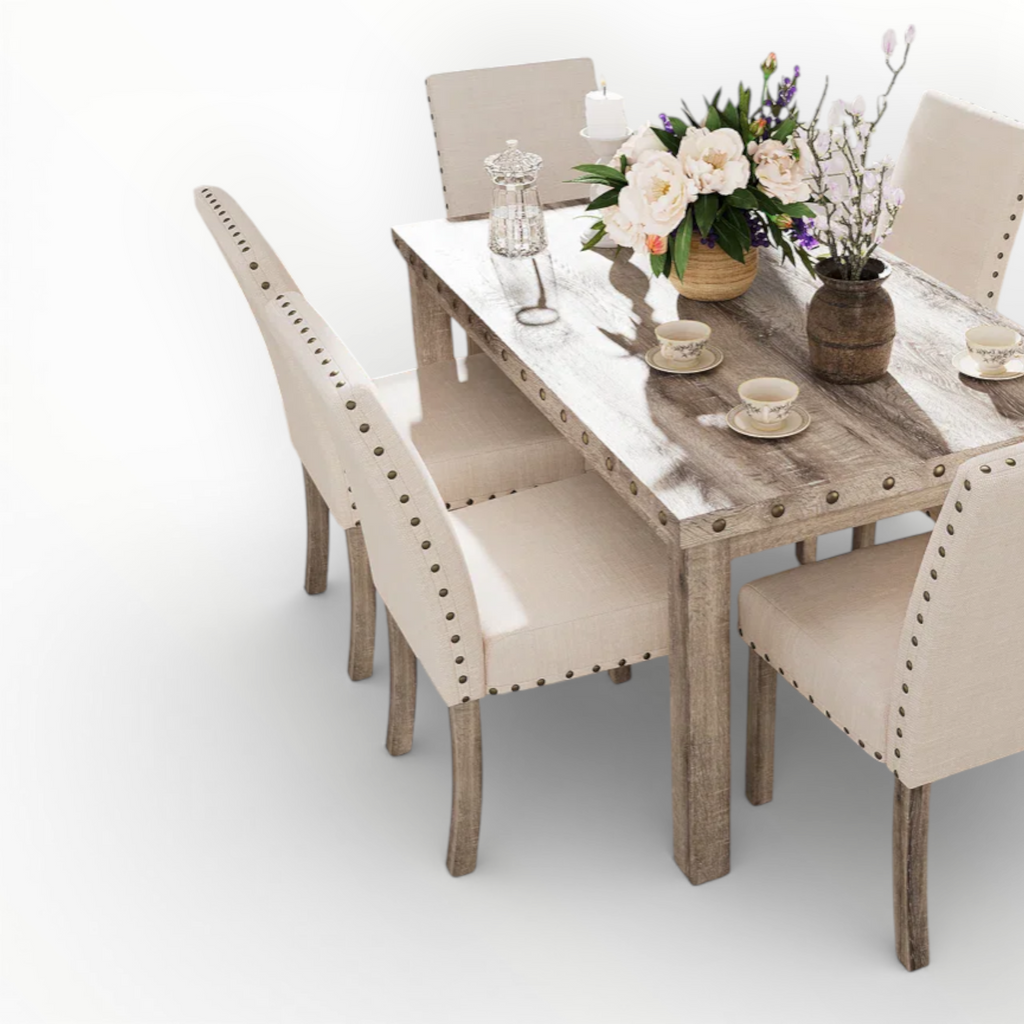 Kingston 7-Piece Dining Set | Teakwood & Marble Top | 6 Seater