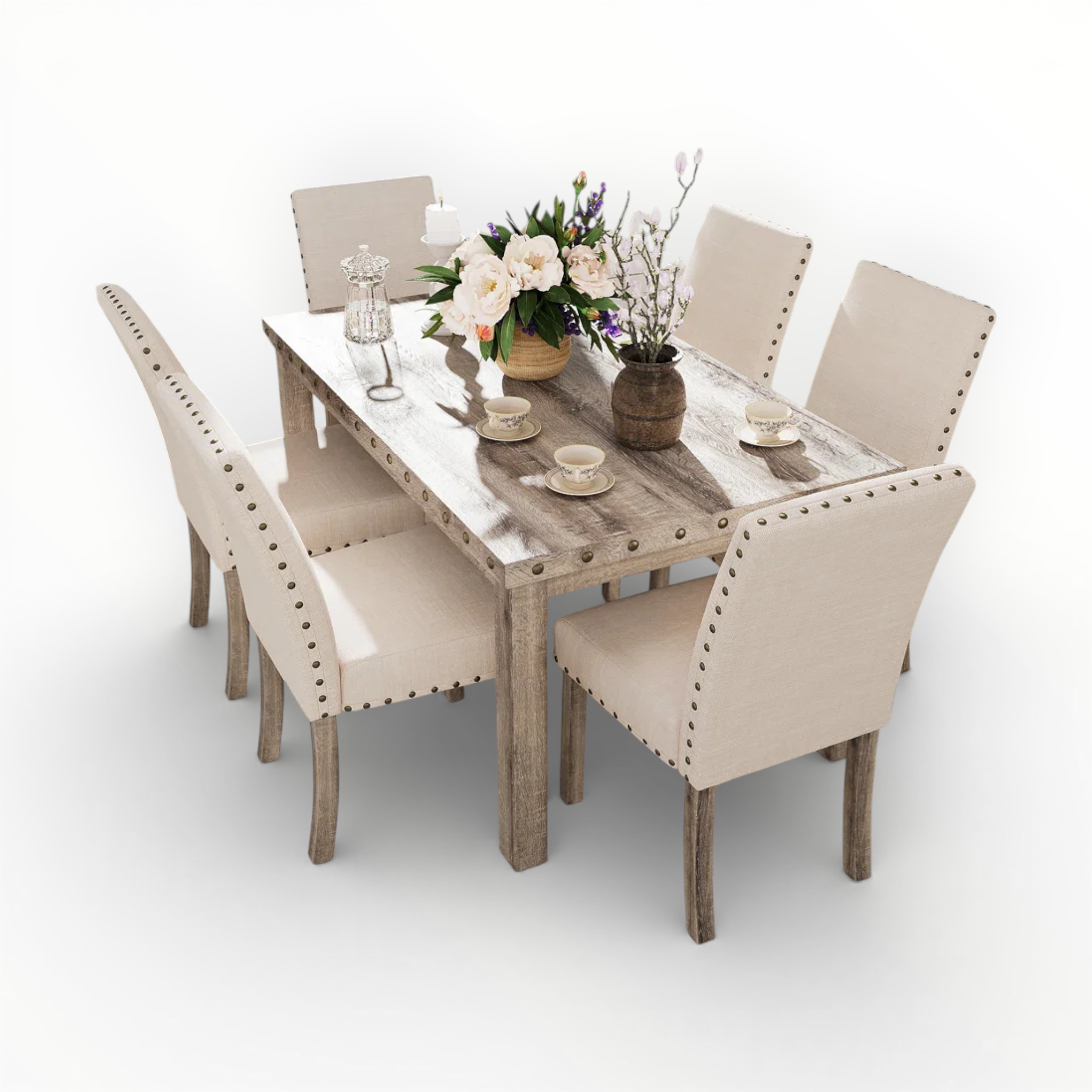 Kingston 7-Piece Dining Set | Teakwood & Marble Top | 6 Seater
