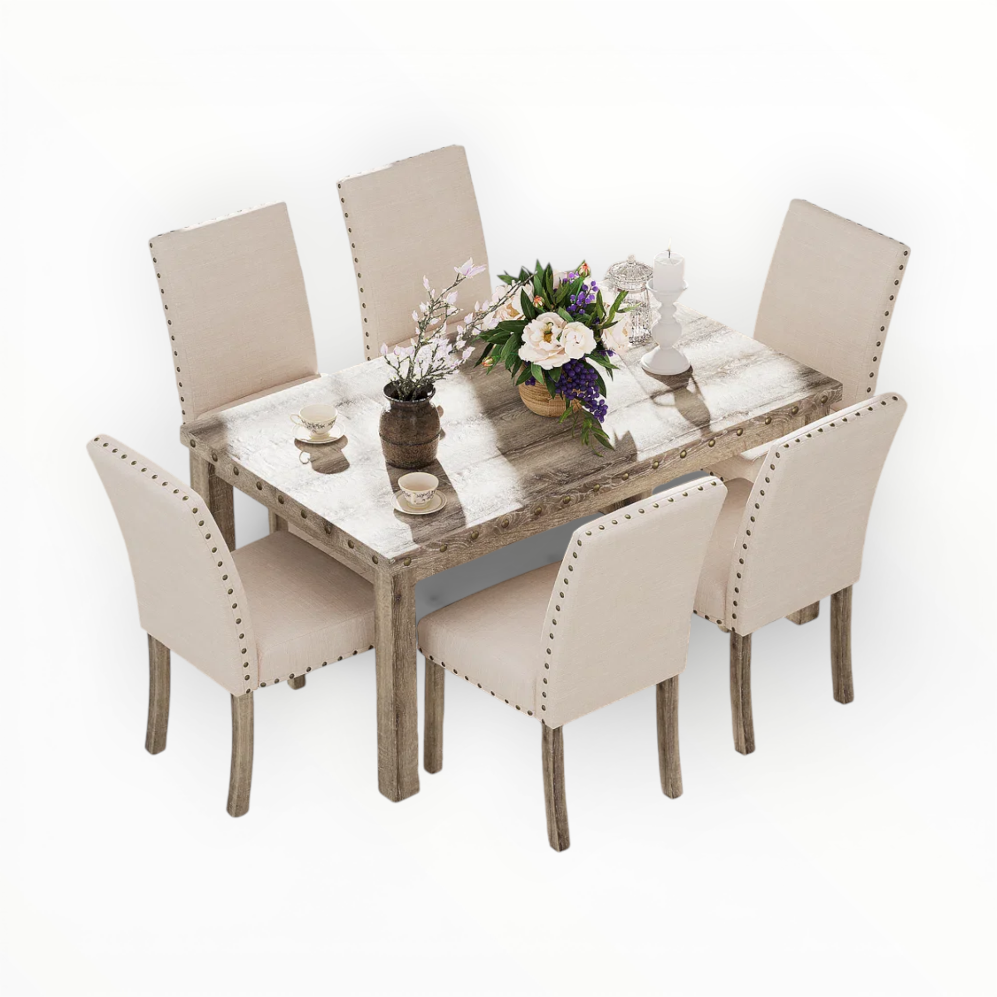 Kingston 7-Piece Dining Set | Teakwood & Marble Top | 6 Seater