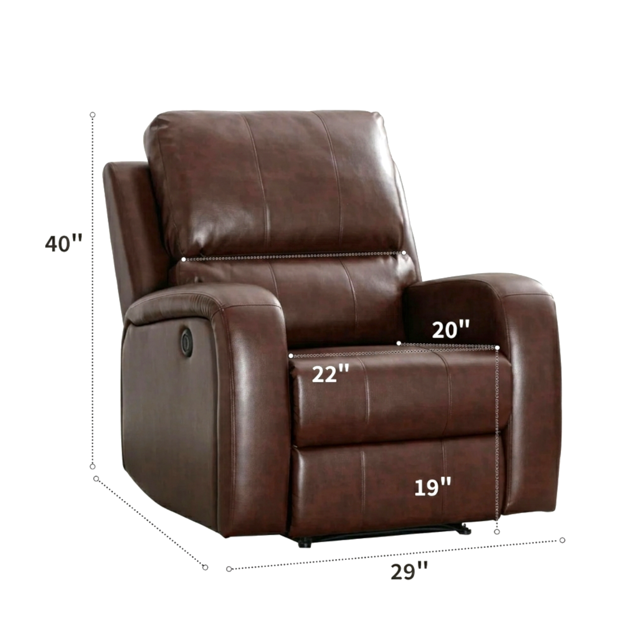 Brown leather recliner chair with dimensions labeled on a white background
