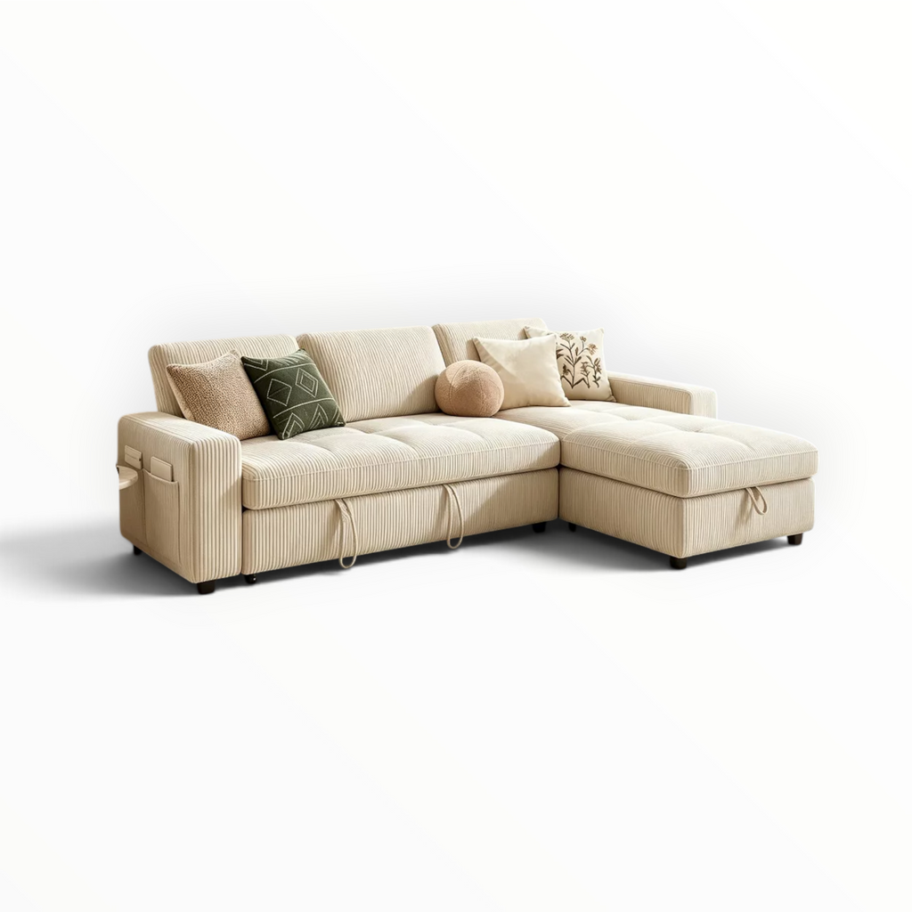 Kord L-shape sofa cum bed with storage chaise in beige ribbed fabric – Woodkraft Studio Hyderabad