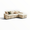Kord L-shape sofa cum bed with storage chaise in beige ribbed fabric – Woodkraft Studio Hyderabad