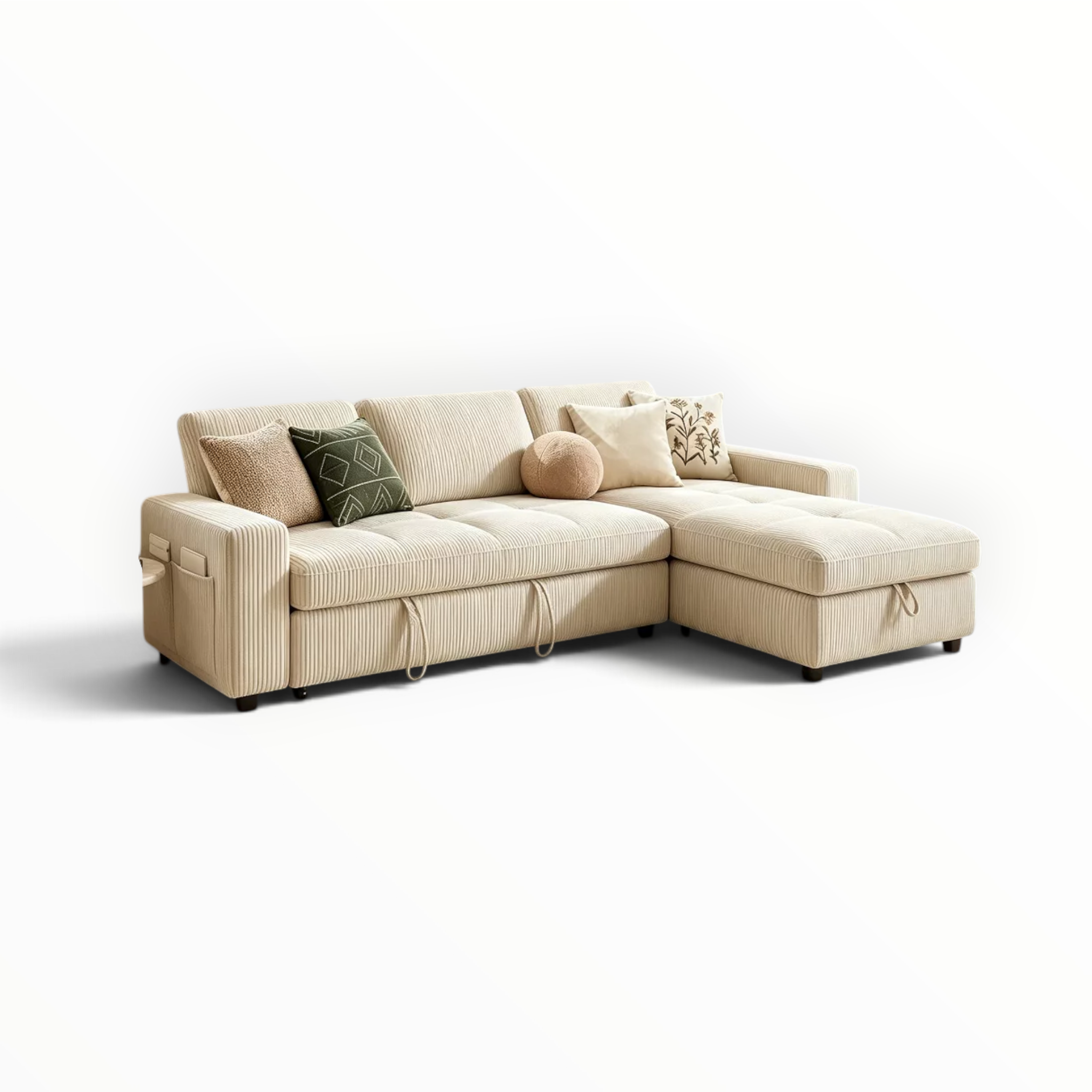 Kord L-shape sofa cum bed with storage chaise in beige ribbed fabric – Woodkraft Studio Hyderabad