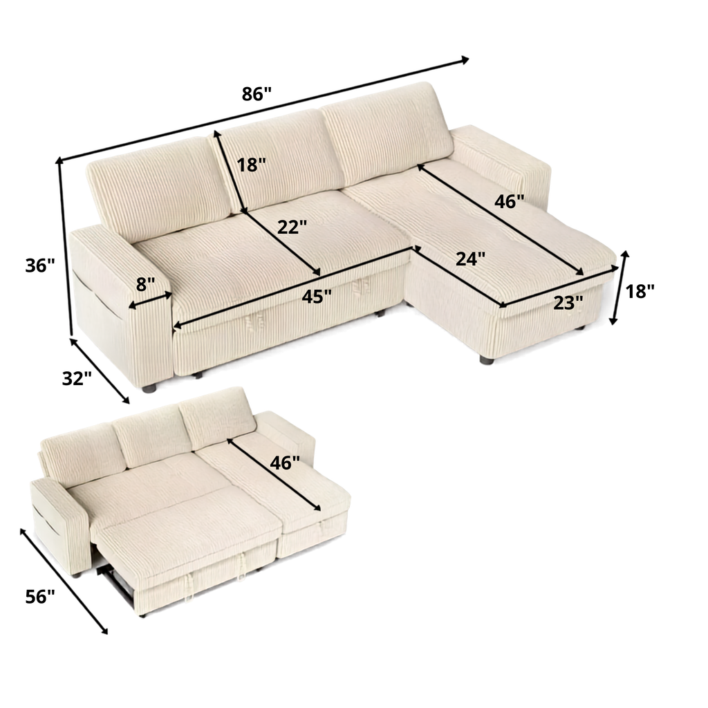 Kord pull-out sofa bed fully extended showing bed conversion – Woodkraft Studio Hyderabad