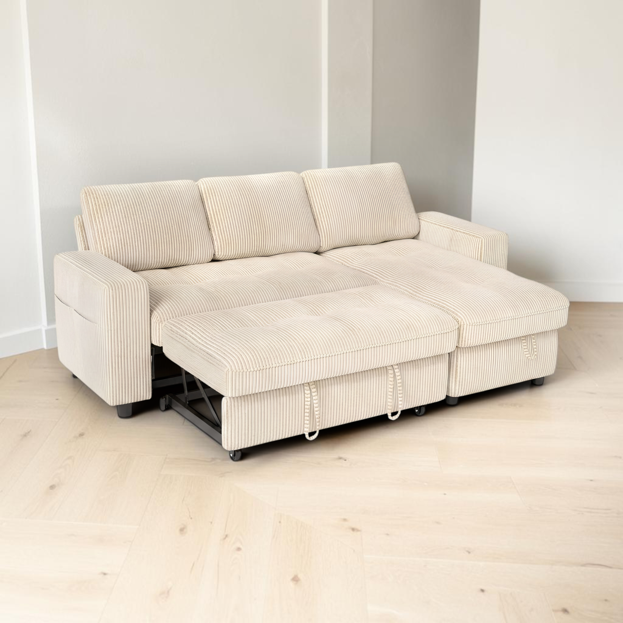 Kord L-shape sectional sofa cum bed storage chaise open showing storage space – Woodkraft Hyderabad