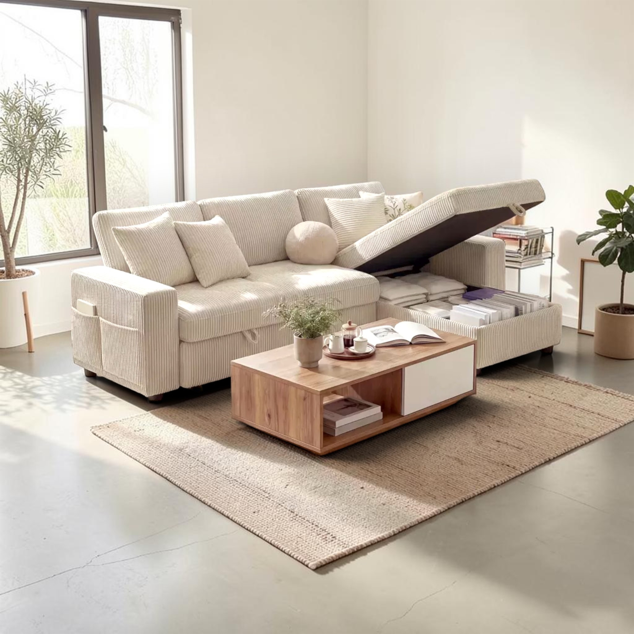 Kord sofa cum bed dimensions – 86 inch width, pull-out bed 56x46 inch – Woodkraft Studio Hyderabad