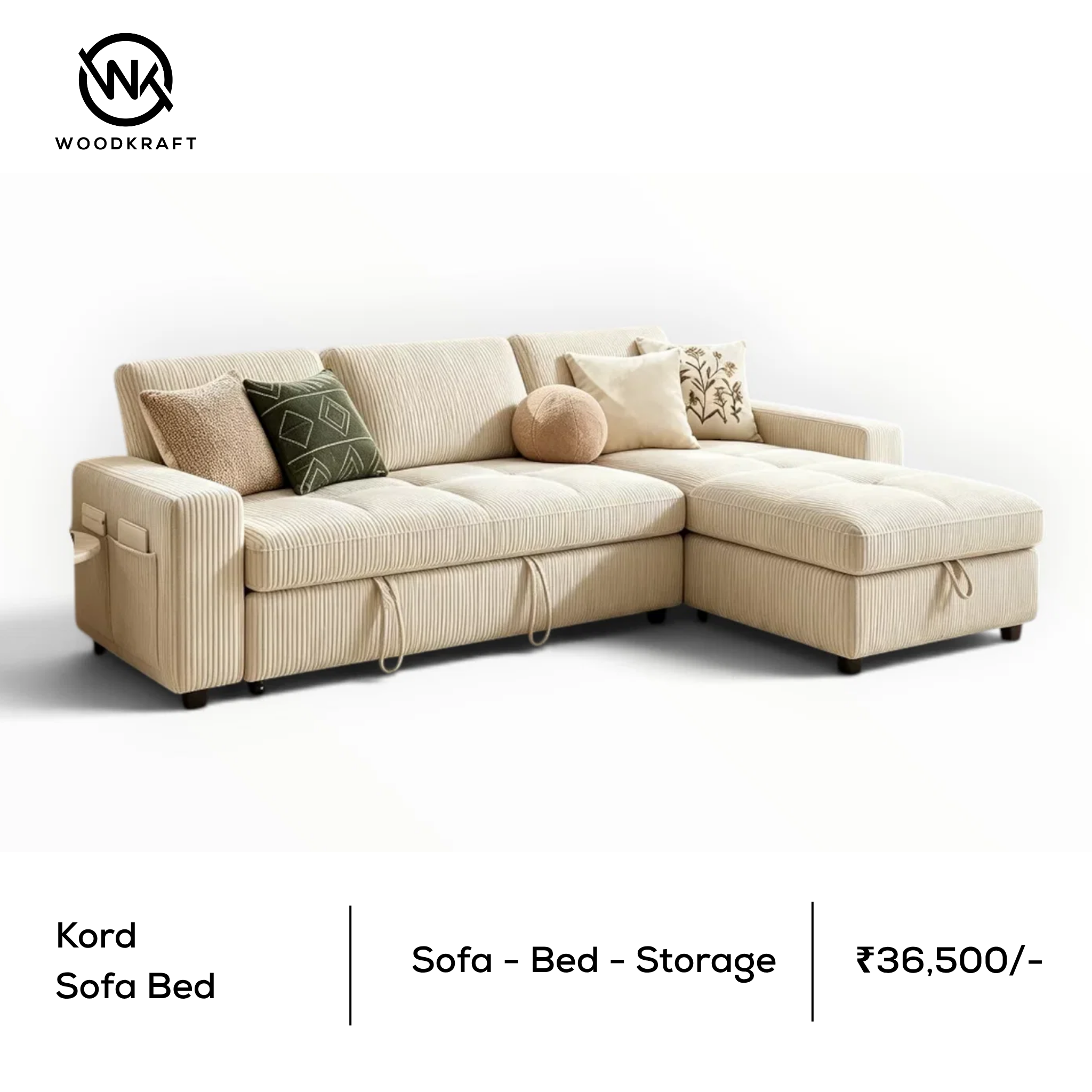 Kord | L-Shape Sofa Cum Bed with Storage Chaise | Customisable Fabric