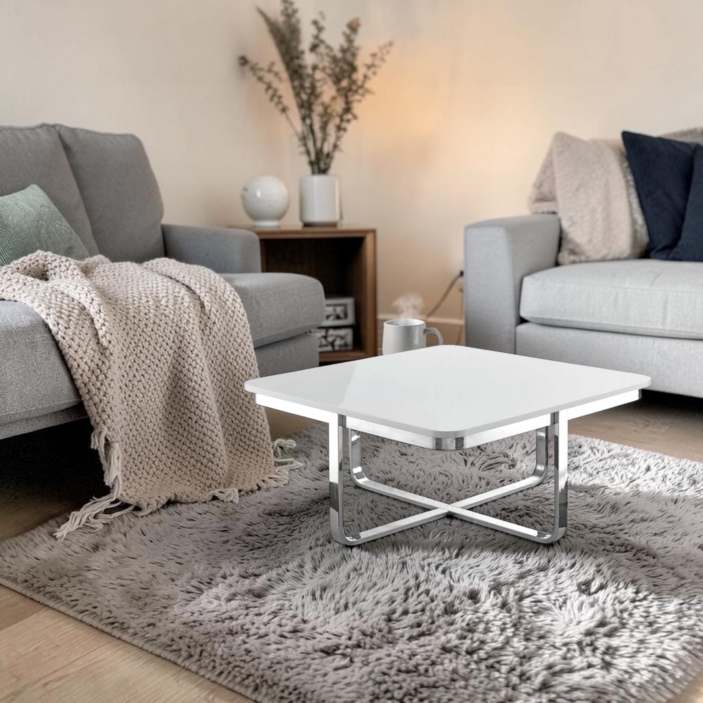 Kross Square Coffee Table | High-Gloss Tile Top & X-Cross Metal Base