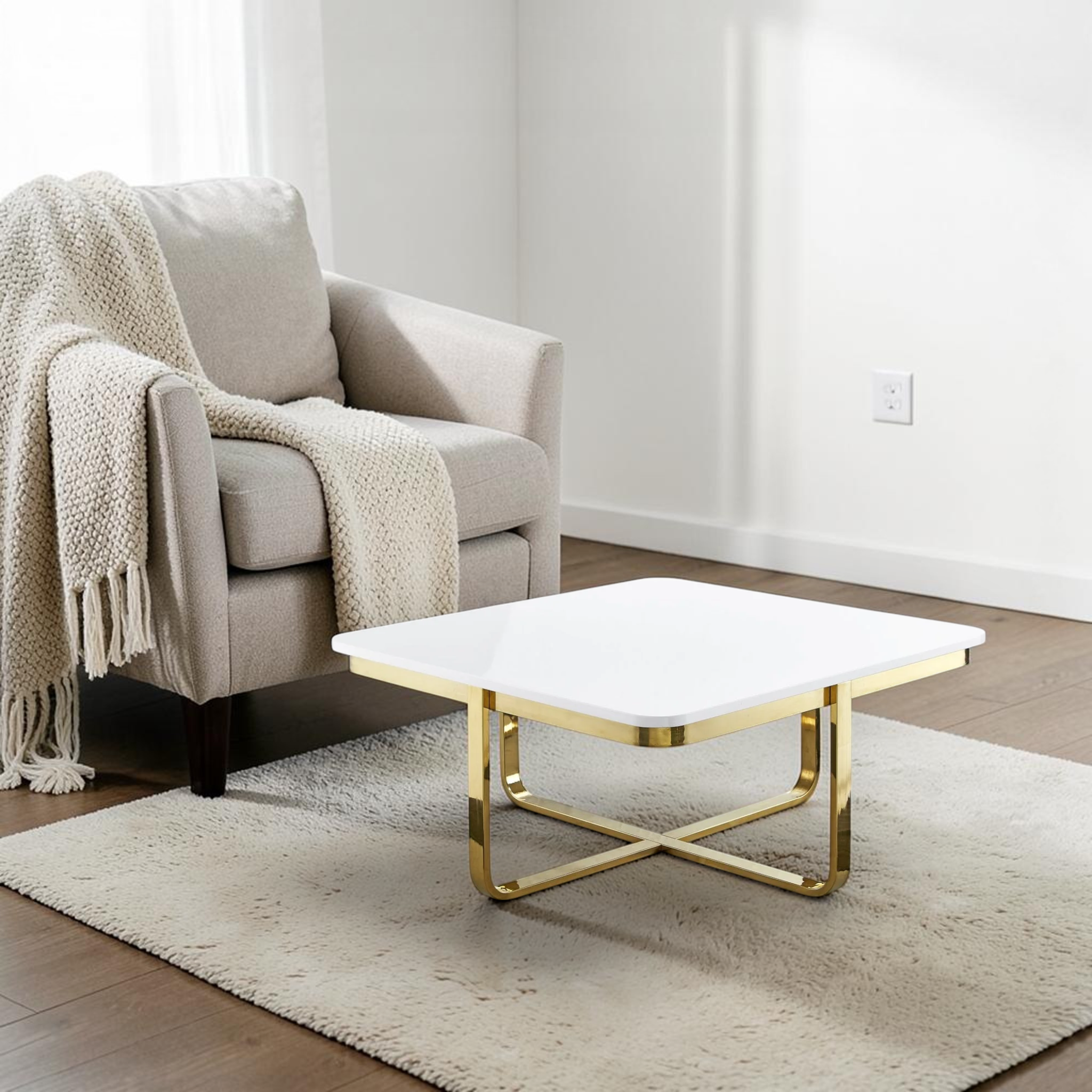 Kross Square Coffee Table | High-Gloss Tile Top & X-Cross Metal Base