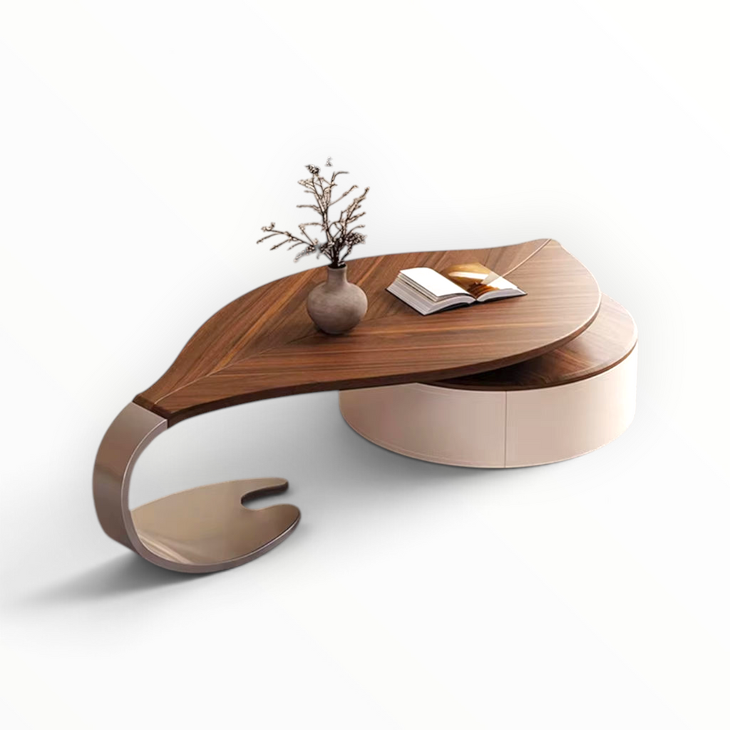 Leaf coffee table with rotating solid wood top styled in living room setting | Woodkraft Studio