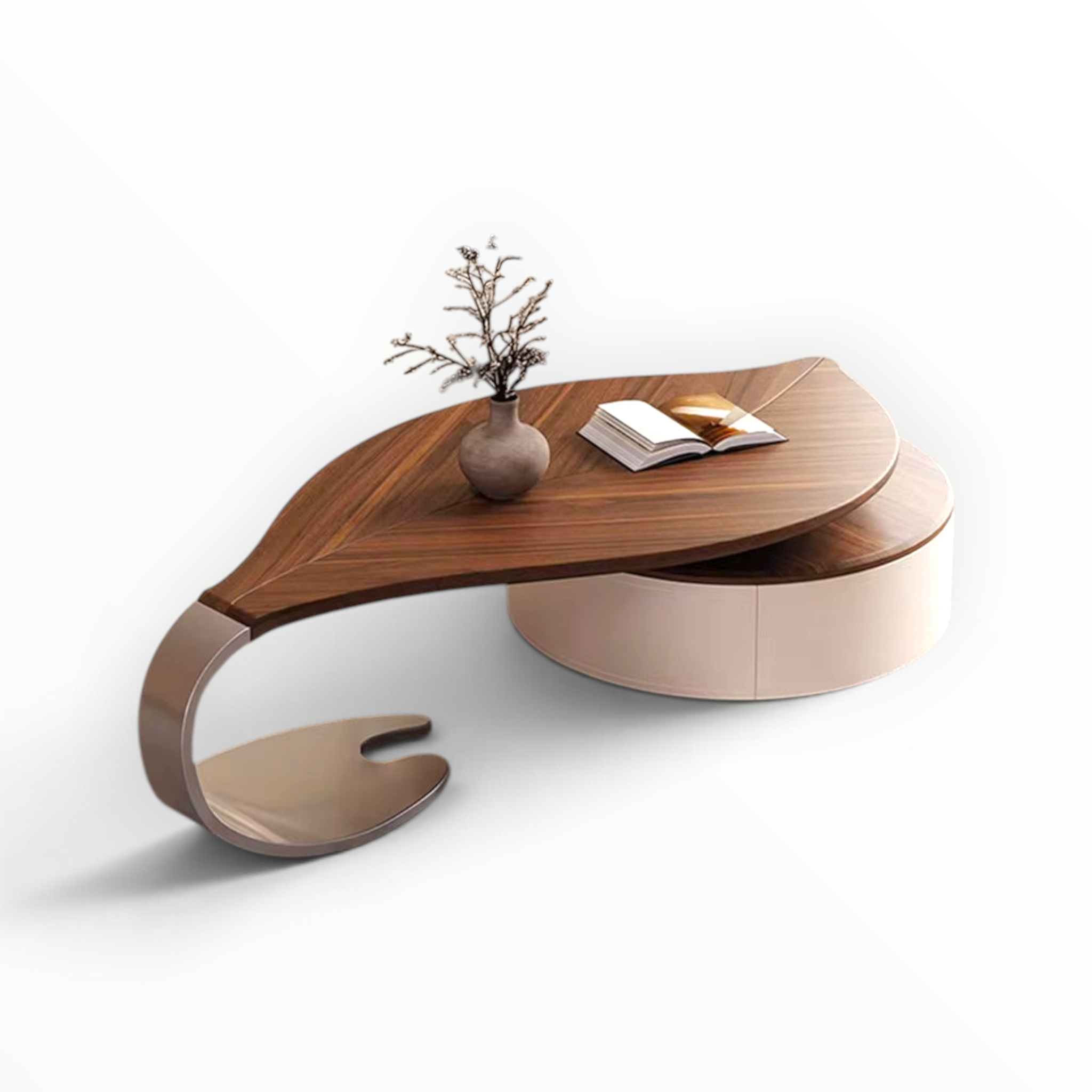 Leaf coffee table with rotating solid wood top styled in living room setting | Woodkraft Studio