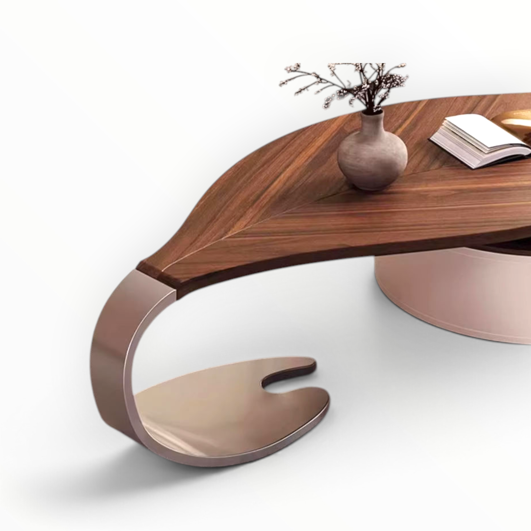 Side view of Leaf rotating coffee table showing drum base with painted finish | Woodkraft Studio