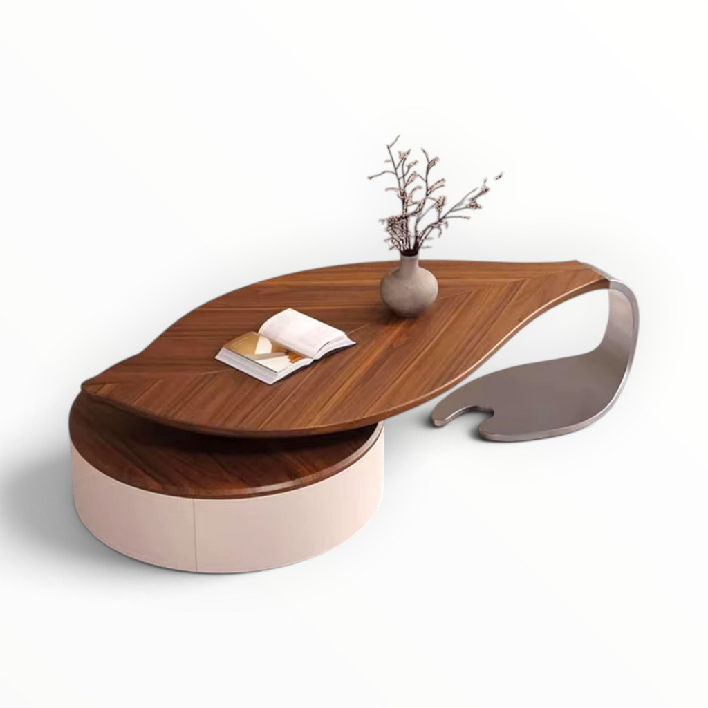 Leaf rotating coffee table with solid wood top and chrome steel base – overview shot | Woodkraft Studio