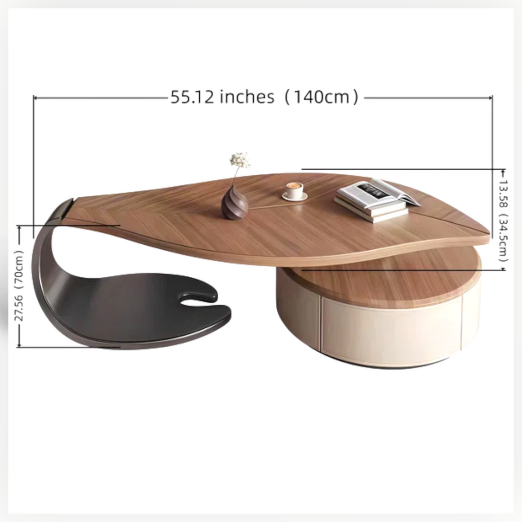 Hidden drawer open on Leaf coffee table drum base – discreet storage for living room | Woodkraft Studio