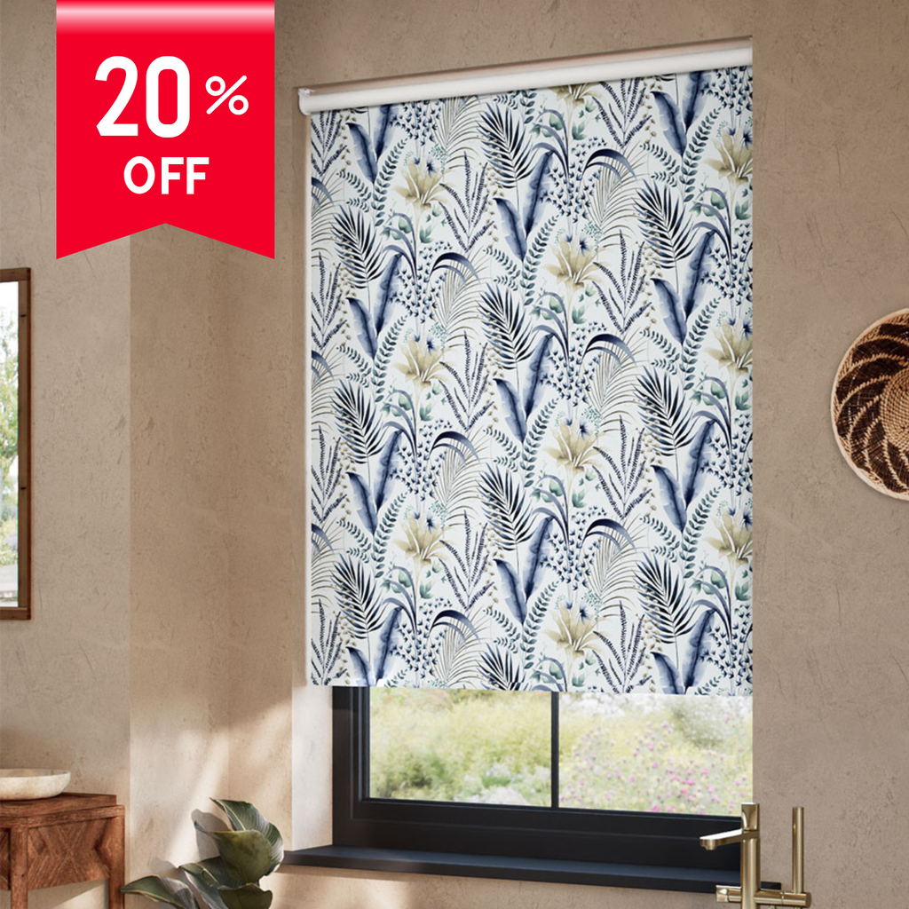 Roller blind with leaf pattern in a room with a 20% off label.
