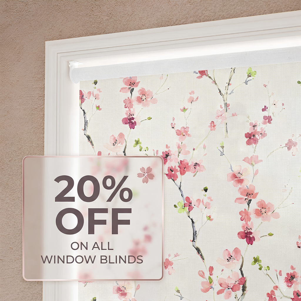 Floral patterned window blind with a 20% off discount label on a beige wall.
