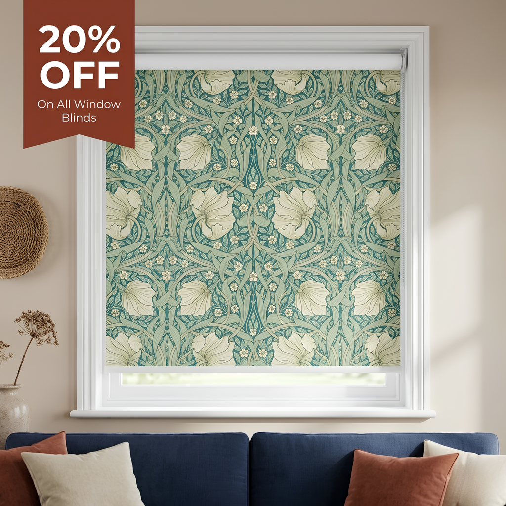 Patterned window blind in a living room with a 20% off sign.