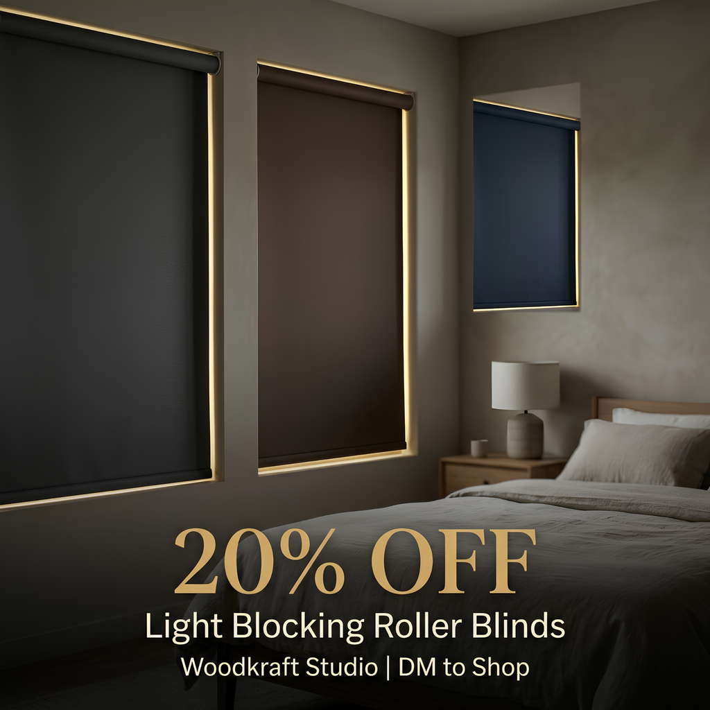 Modern bedroom with light blocking roller blinds and promotional text overlay.