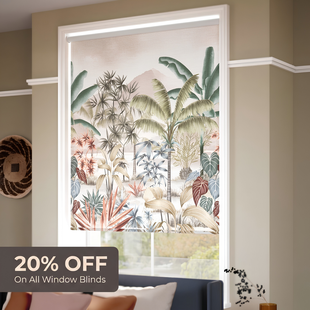 Window blind with tropical plant design in a room setting, with a 20% off discount label.