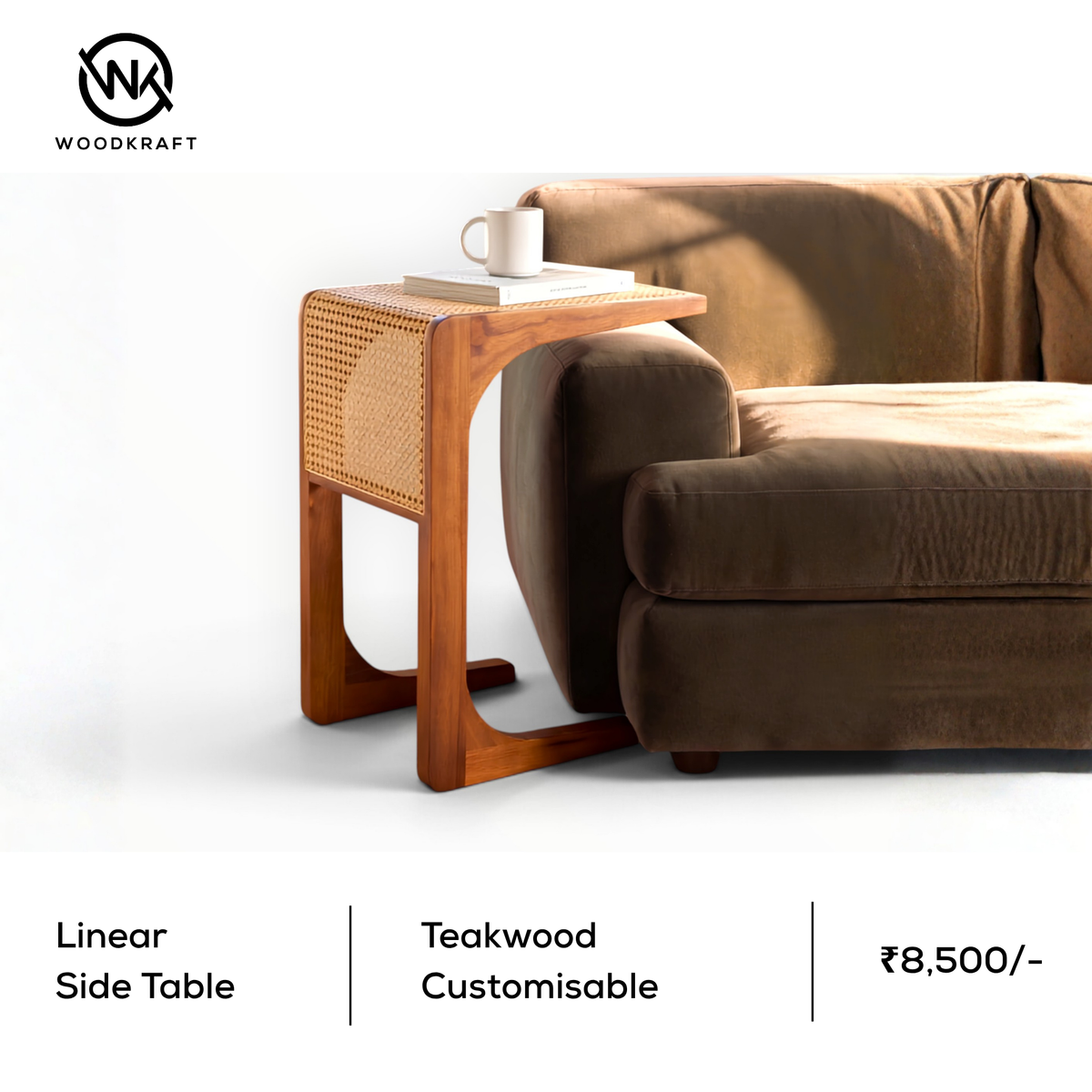Linear Cane Side Table | Solid Teakwood & PVC Rattan Bedside & End Table