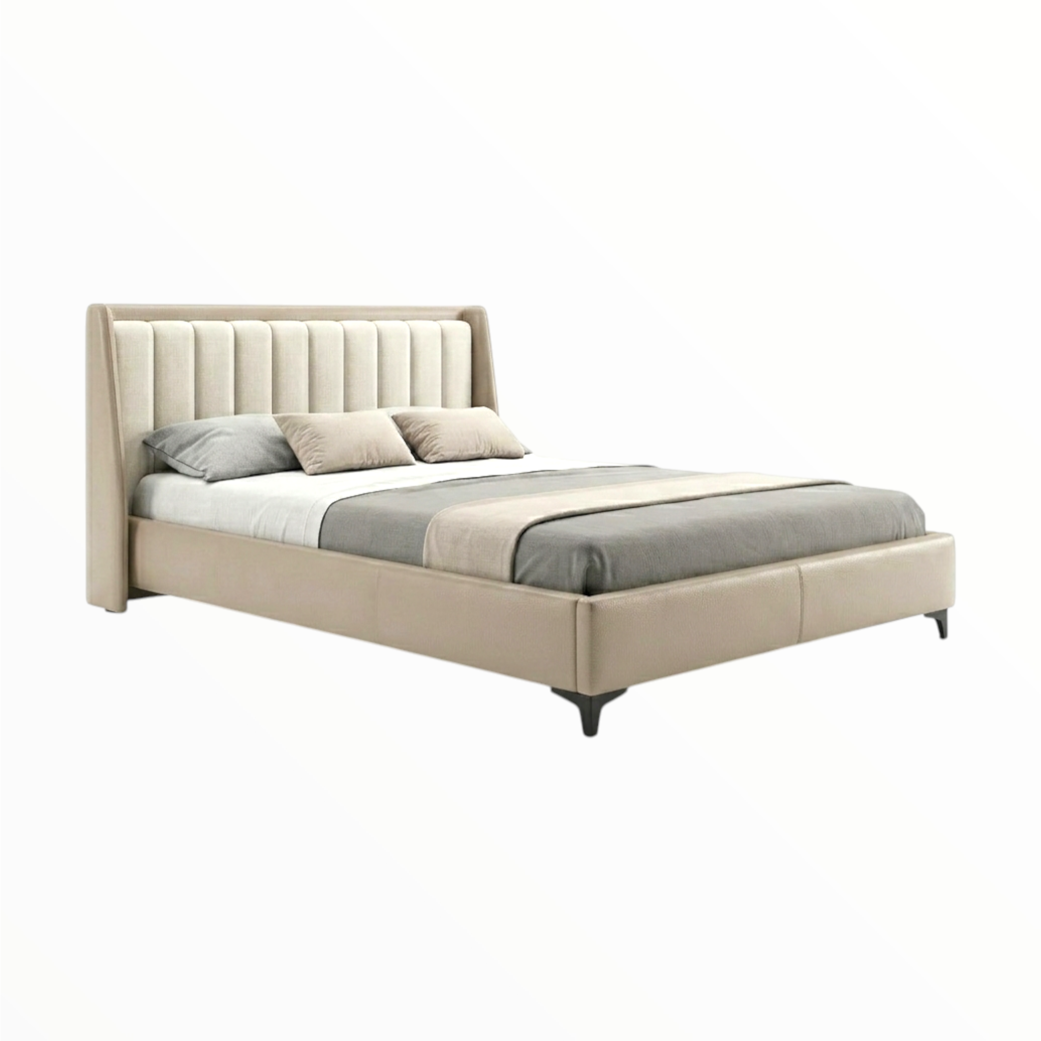 Beige upholstered bed with gray bedding on a white background