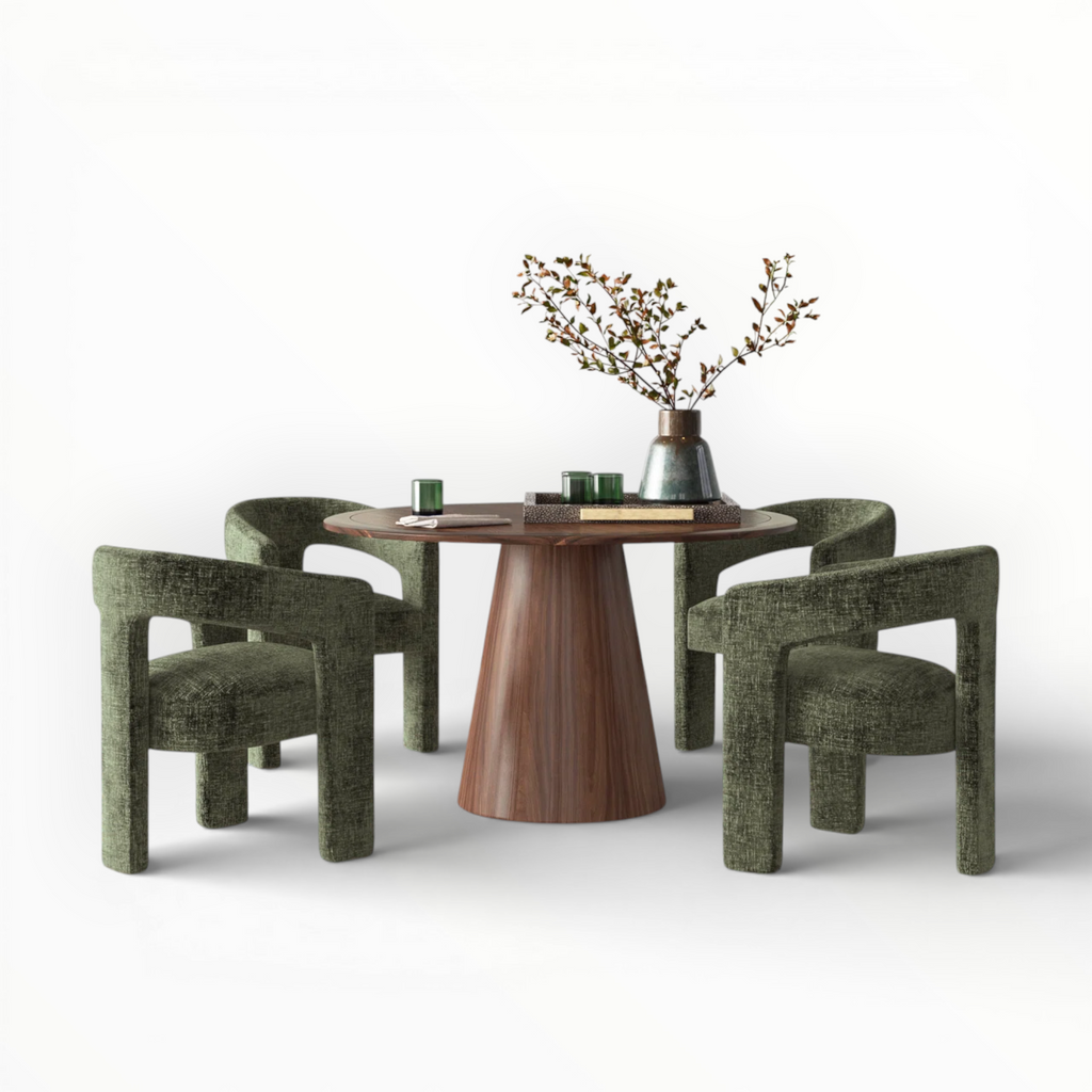 Dining table with four green chairs on a white background