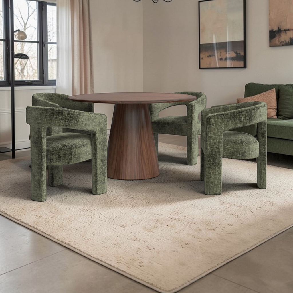 Modern dining room with green chairs and a wooden table.