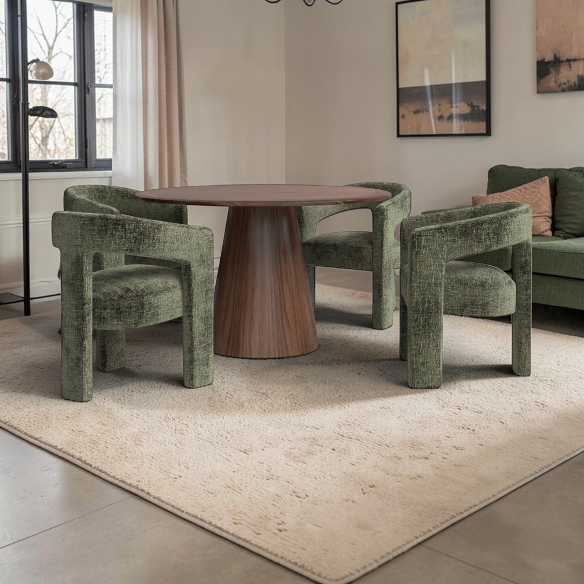 Modern dining room with green chairs and a wooden table.
