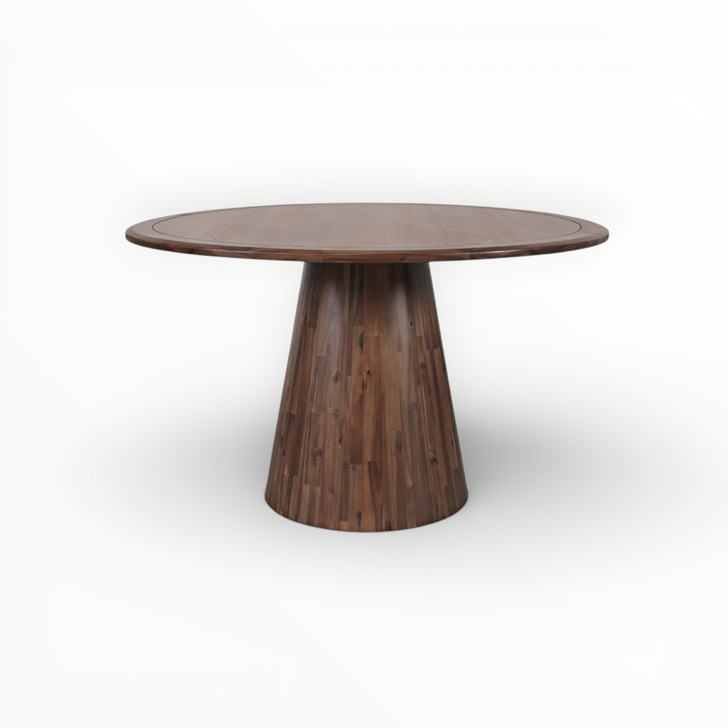 Wooden round table with a thick cylindrical base on a white background