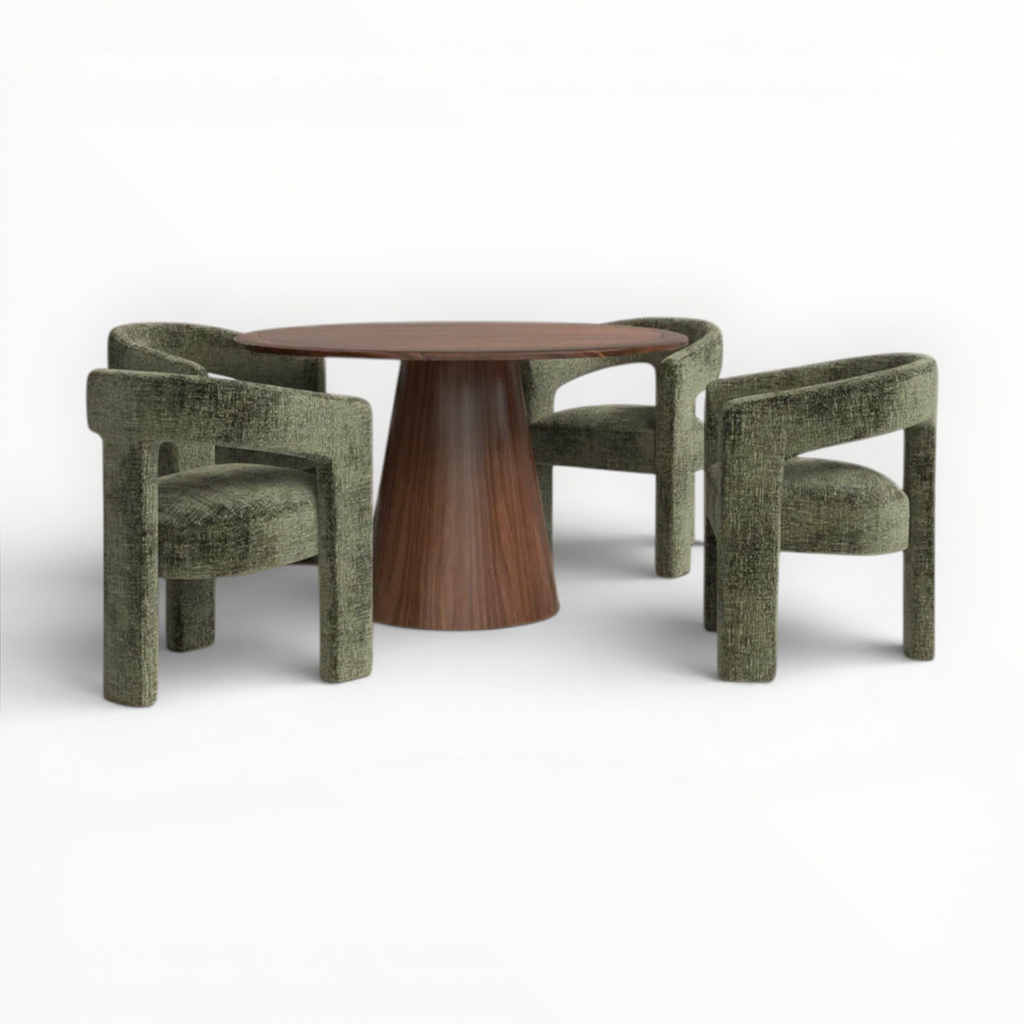 Wooden table with three green chairs on a white background