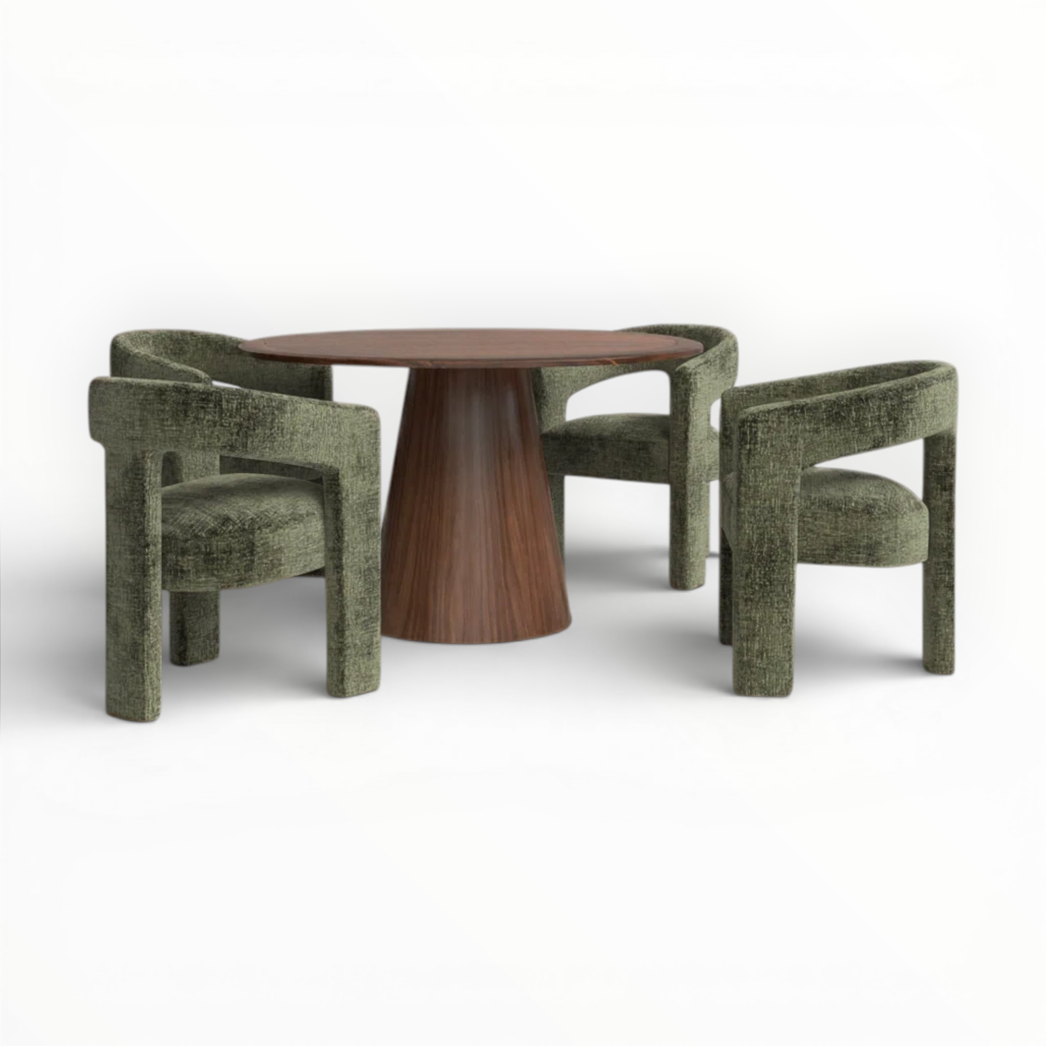 Wooden table with three green chairs on a white background