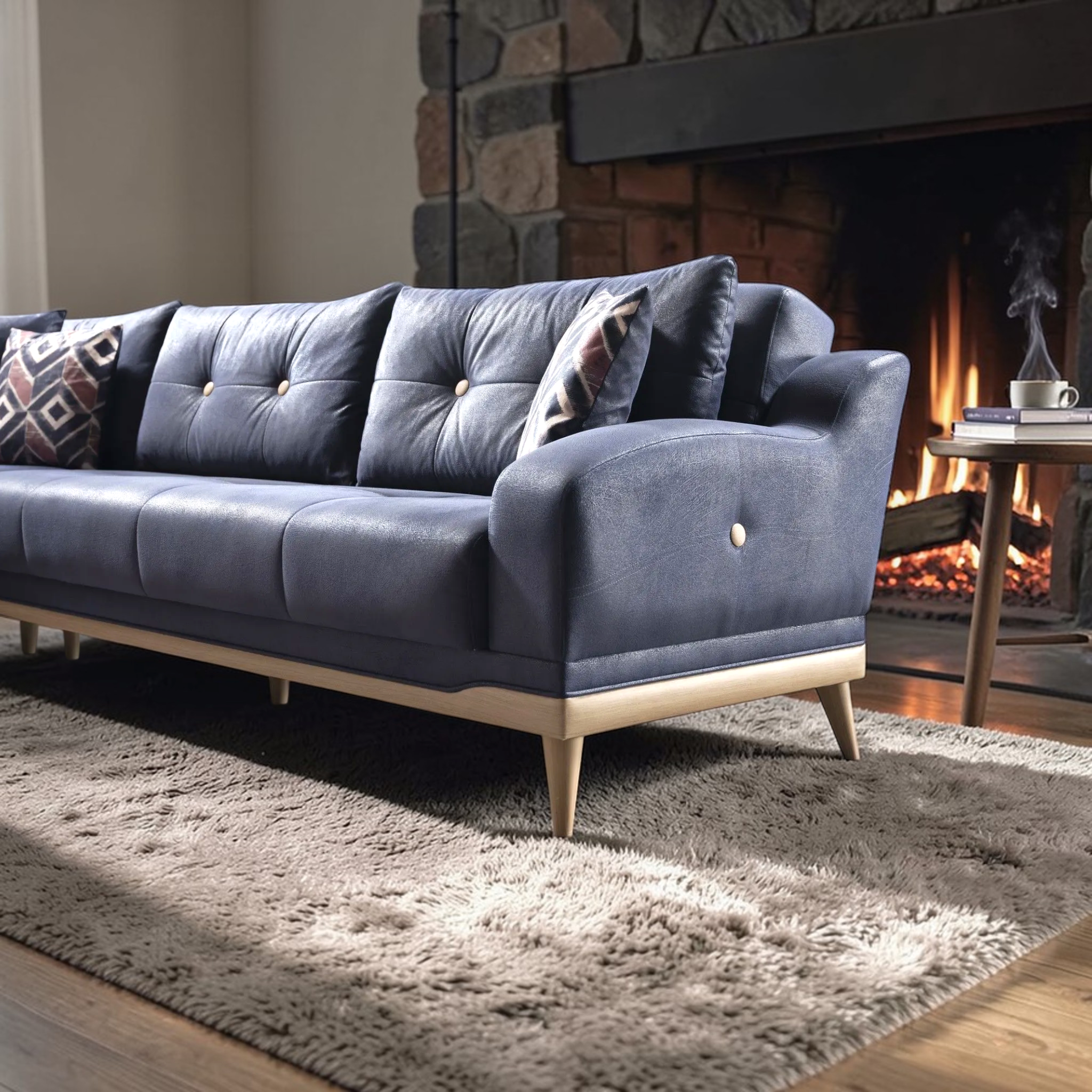 Blue sofa with tufted backrests in a living room with a fireplace.
