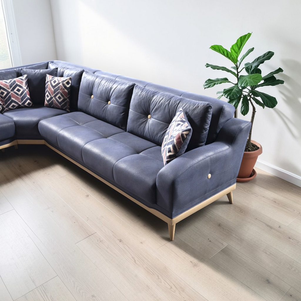 Gray sectional sofa with patterned cushions in a room with a plant.