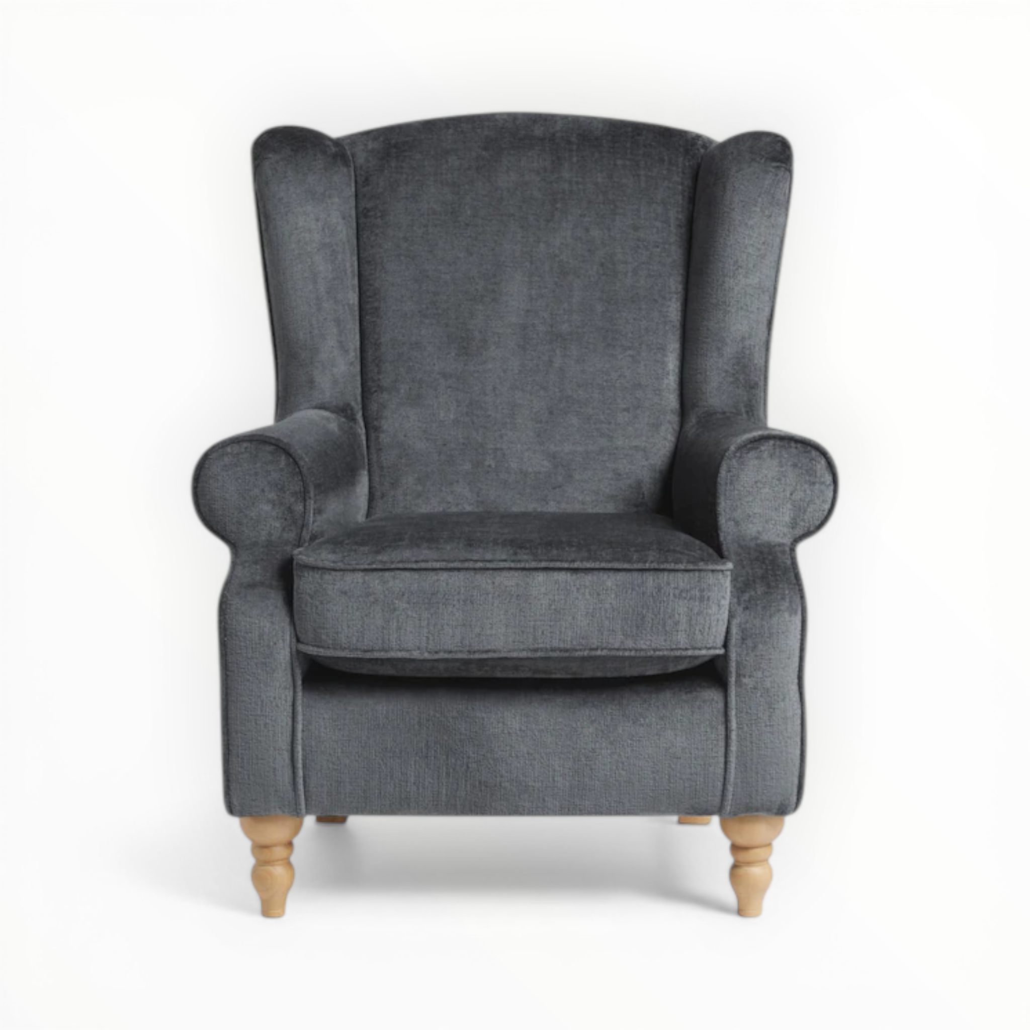 Gray wingback chair with wooden legs on a white background