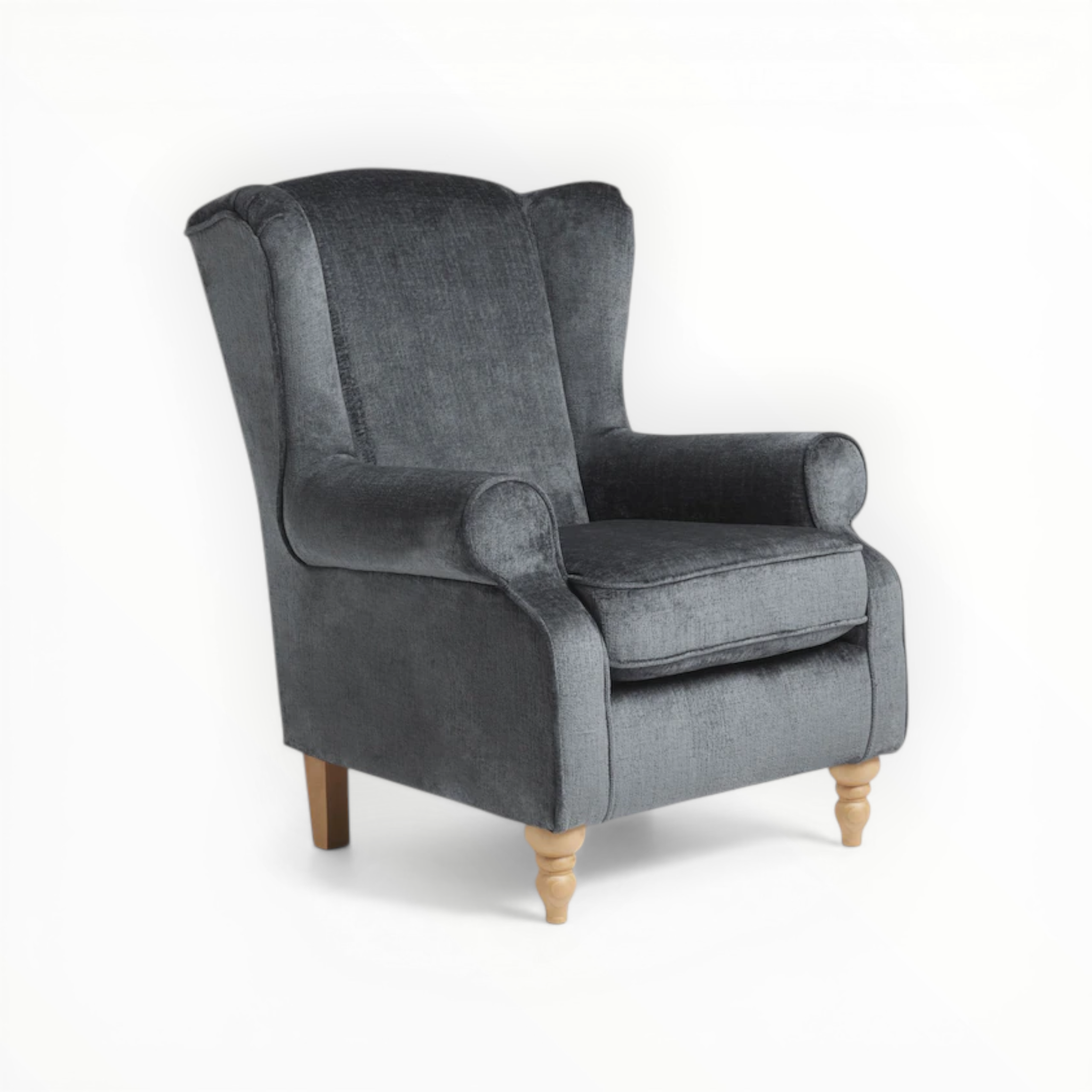 Gray armchair with wooden legs on a white background