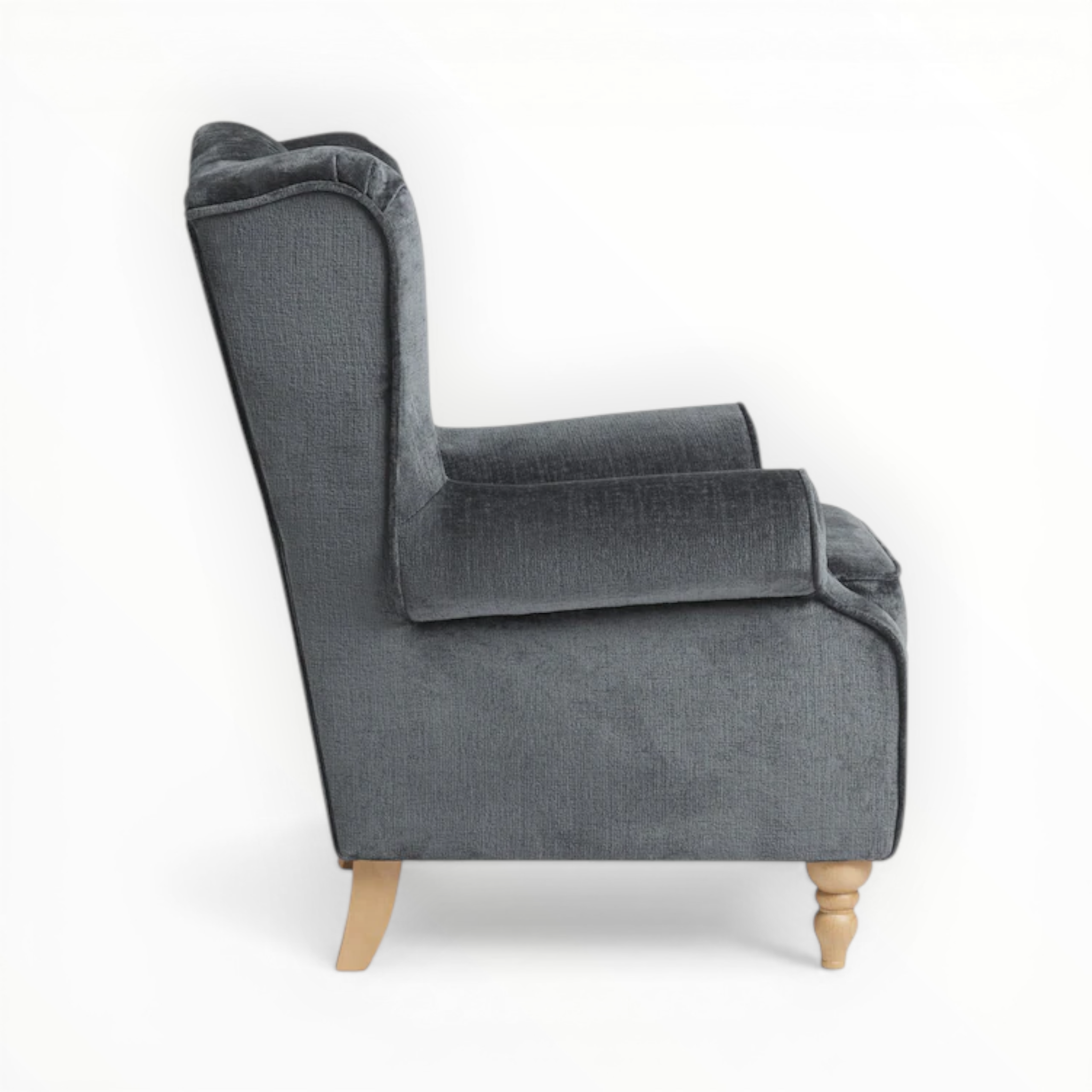 Gray armchair with wooden legs on a white background