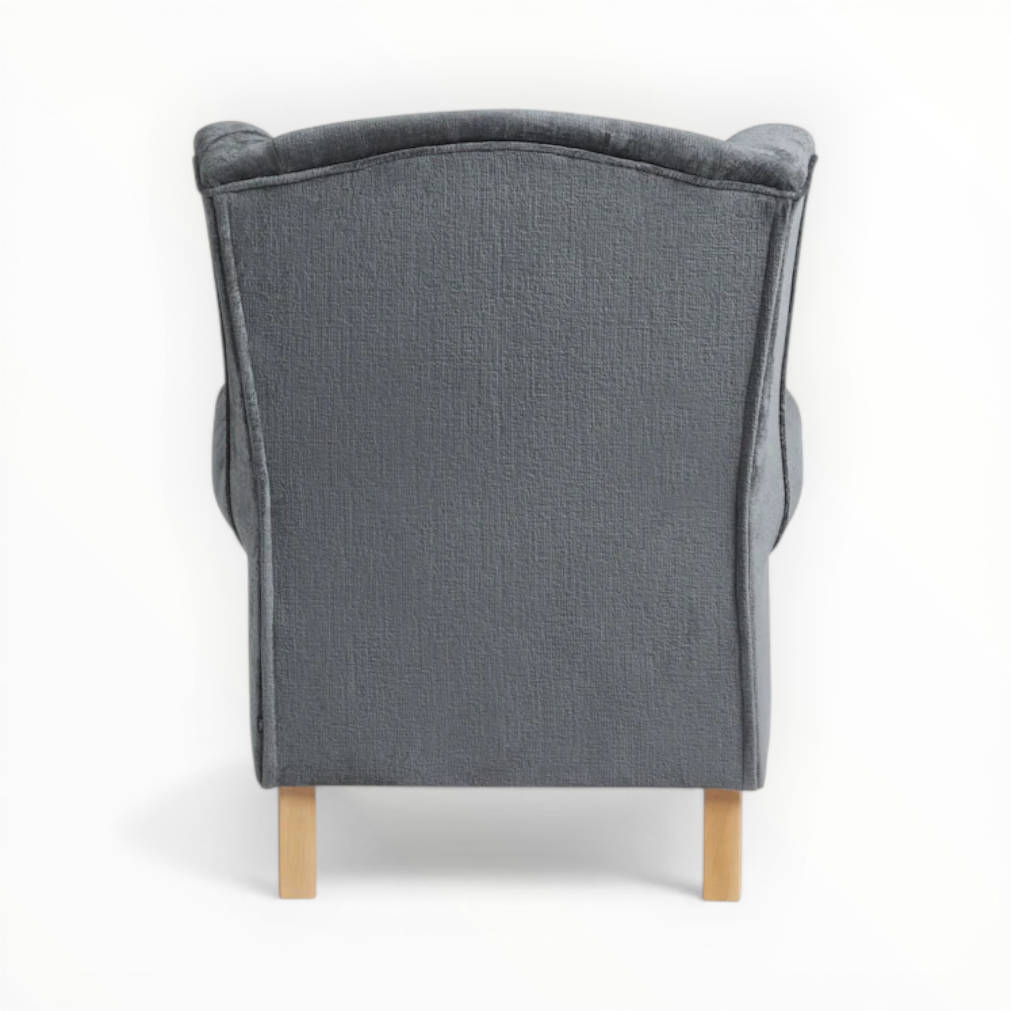 Gray upholstered chair with wooden legs on a white background