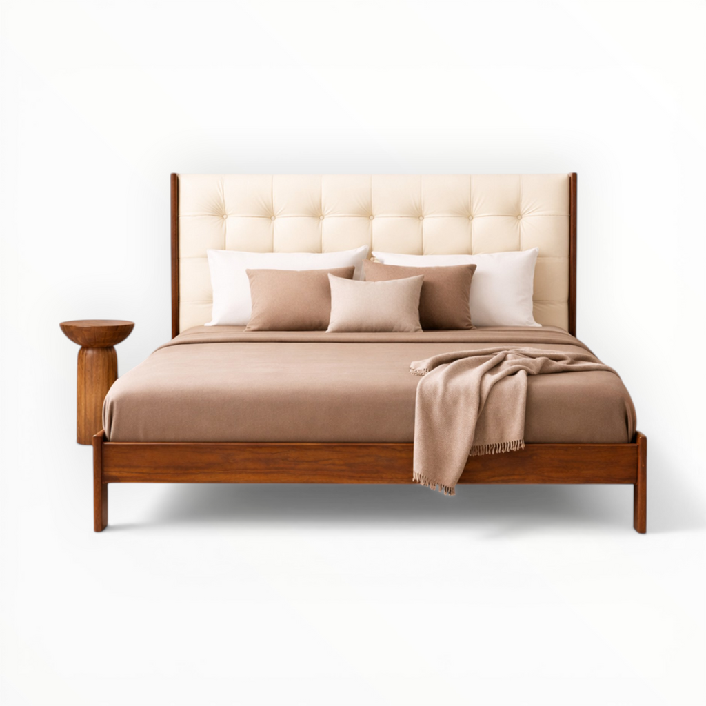 Wooden bed with beige bedding and headboard on a white background