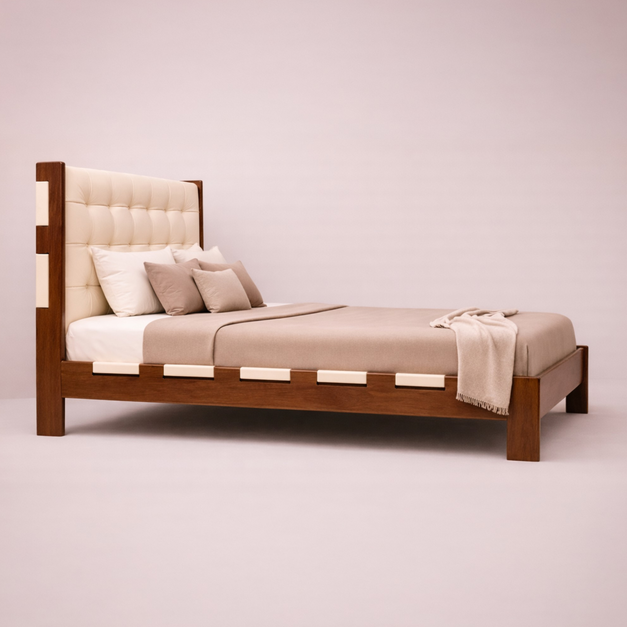Wooden bed with beige bedding on a plain background