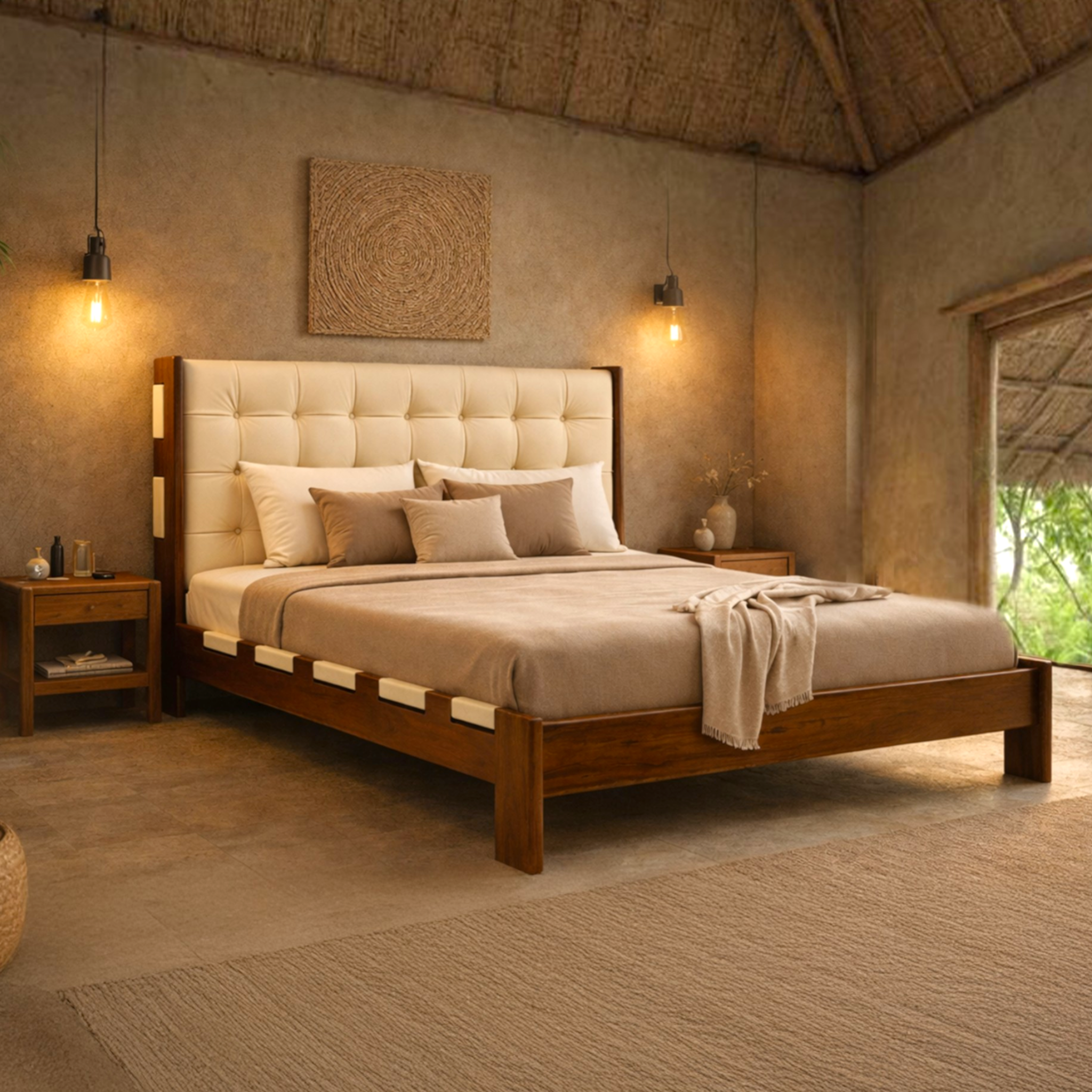 Bedroom with wooden bed, beige bedding, and decorative elements.