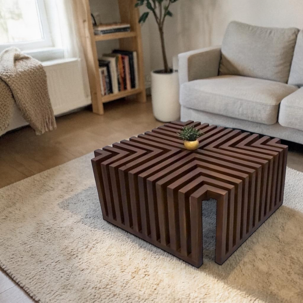 Wooden coffee table with geometric design in a living room setting