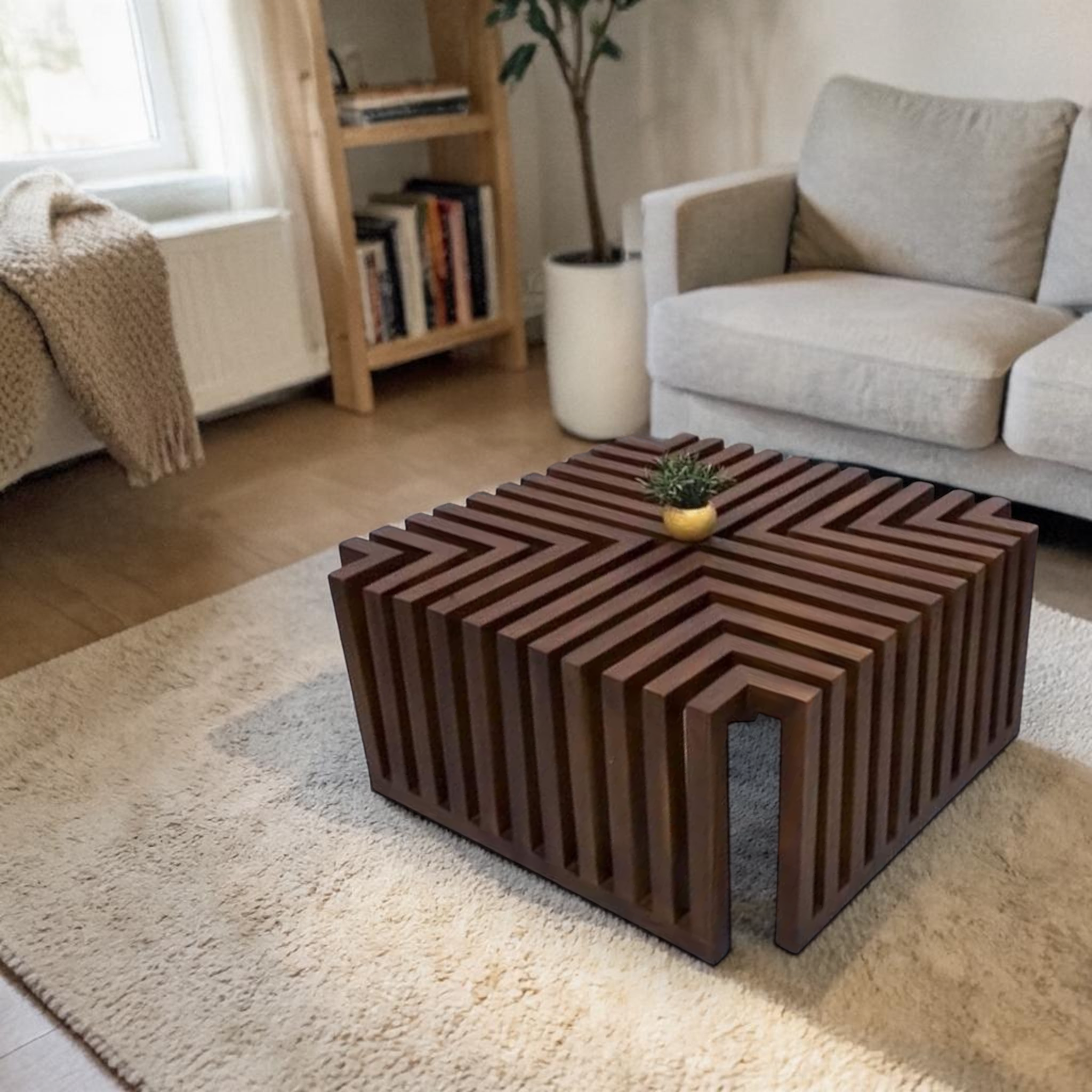 Wooden coffee table with geometric design in a living room setting
