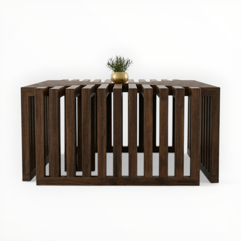 Wooden dining table with a plant on a white background