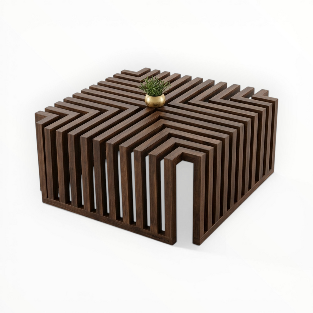 Wooden coffee table with geometric design on a white background