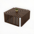 Wooden coffee table with geometric design on a white background