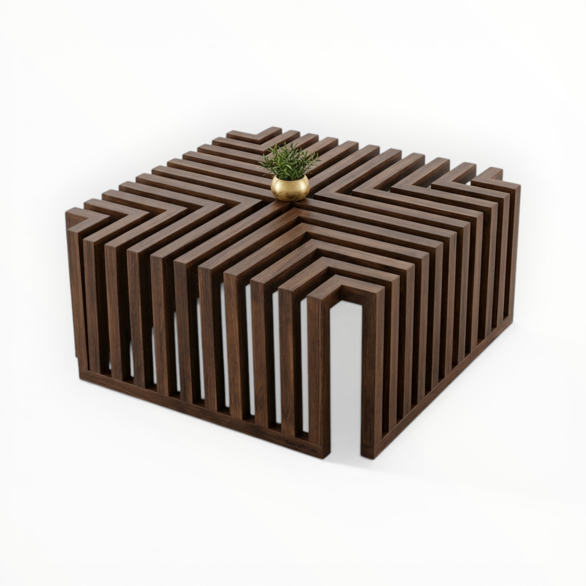 Wooden coffee table with geometric design on a white background