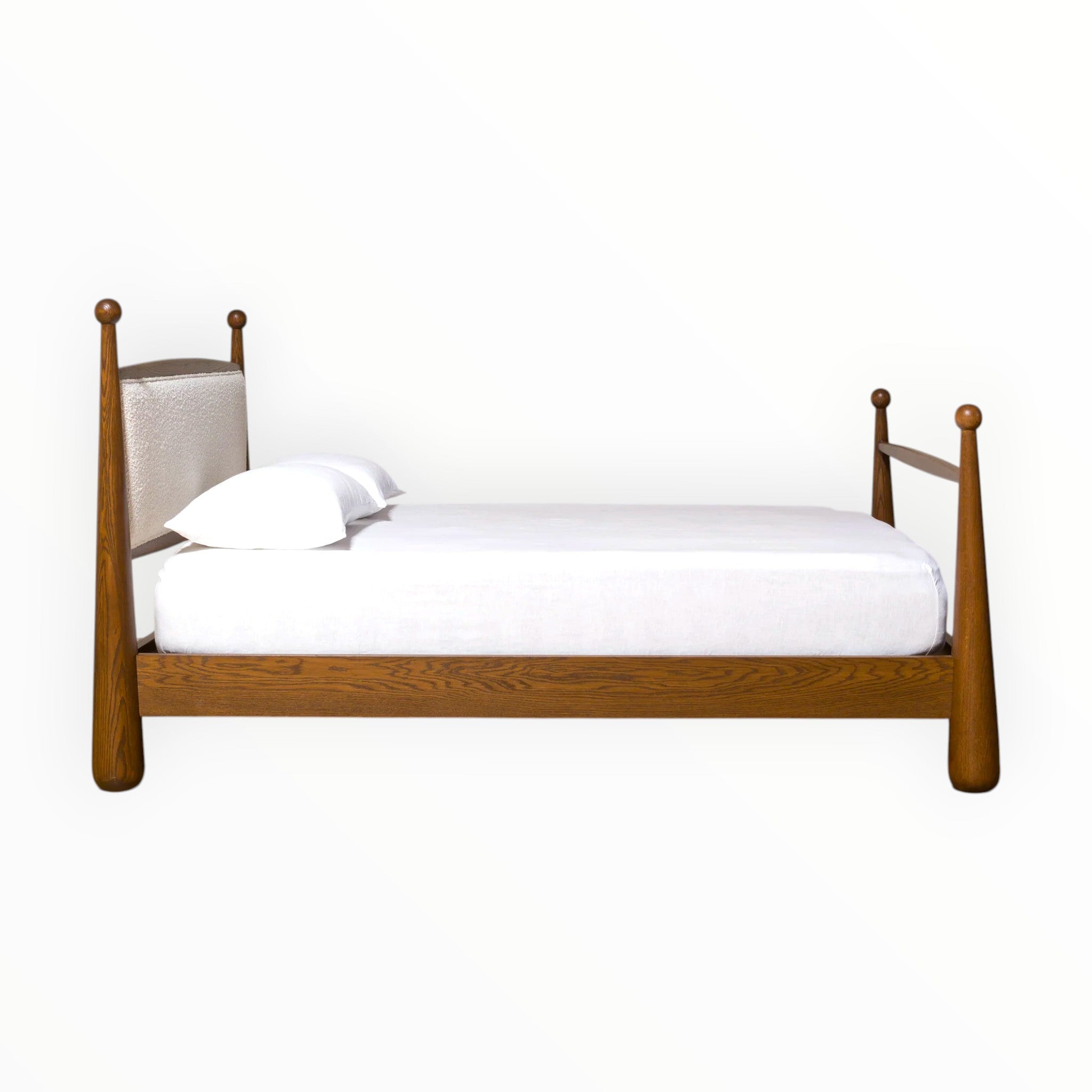 Mejasteak teakwood four poster bed — 3/4 angle view showing solid wood frame and corner posts, Woodkraft Studio Hyderabad