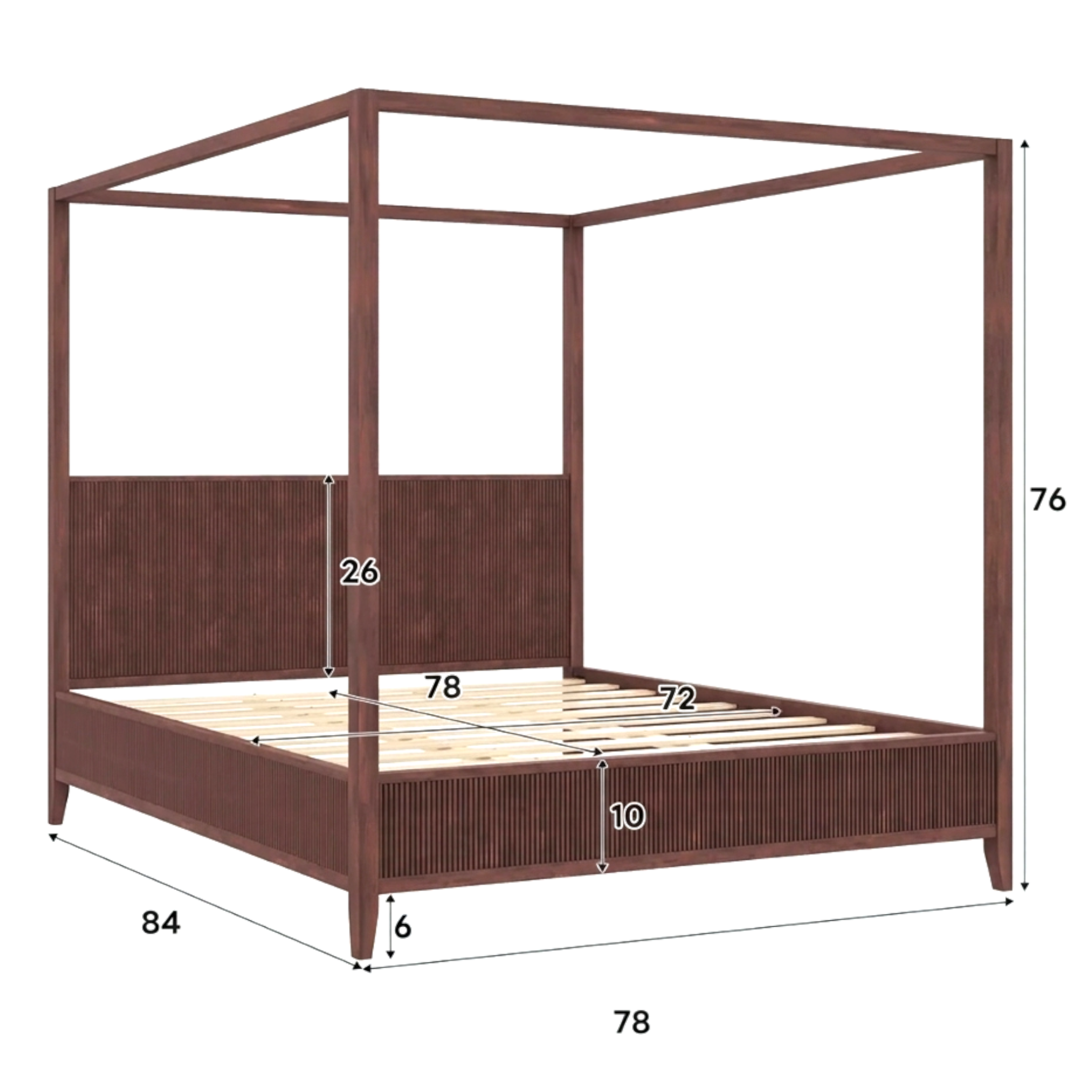 Wooden canopy bed with dimensions labeled on a white background