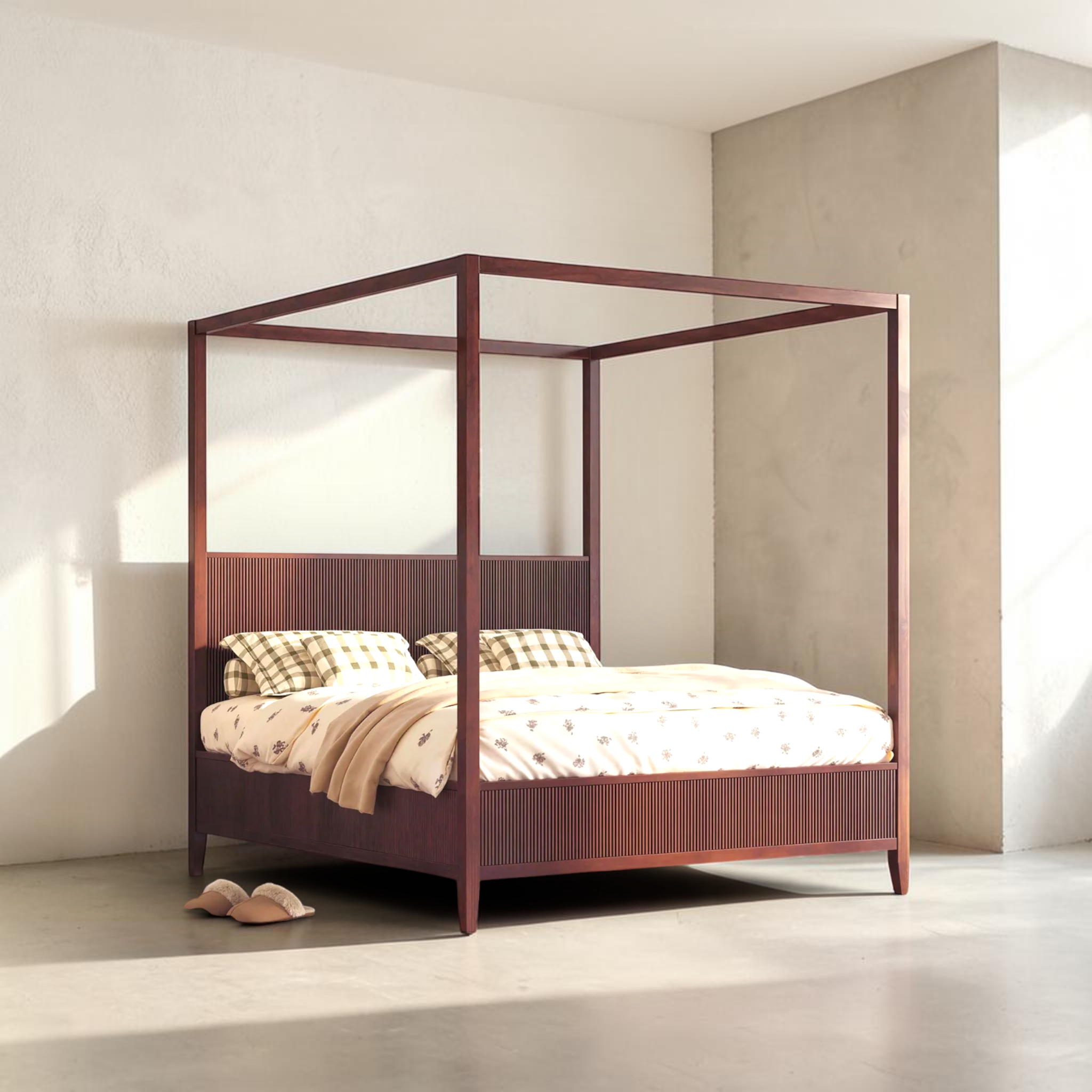 Wooden canopy bed in a minimalistic room with light-colored walls and floor.