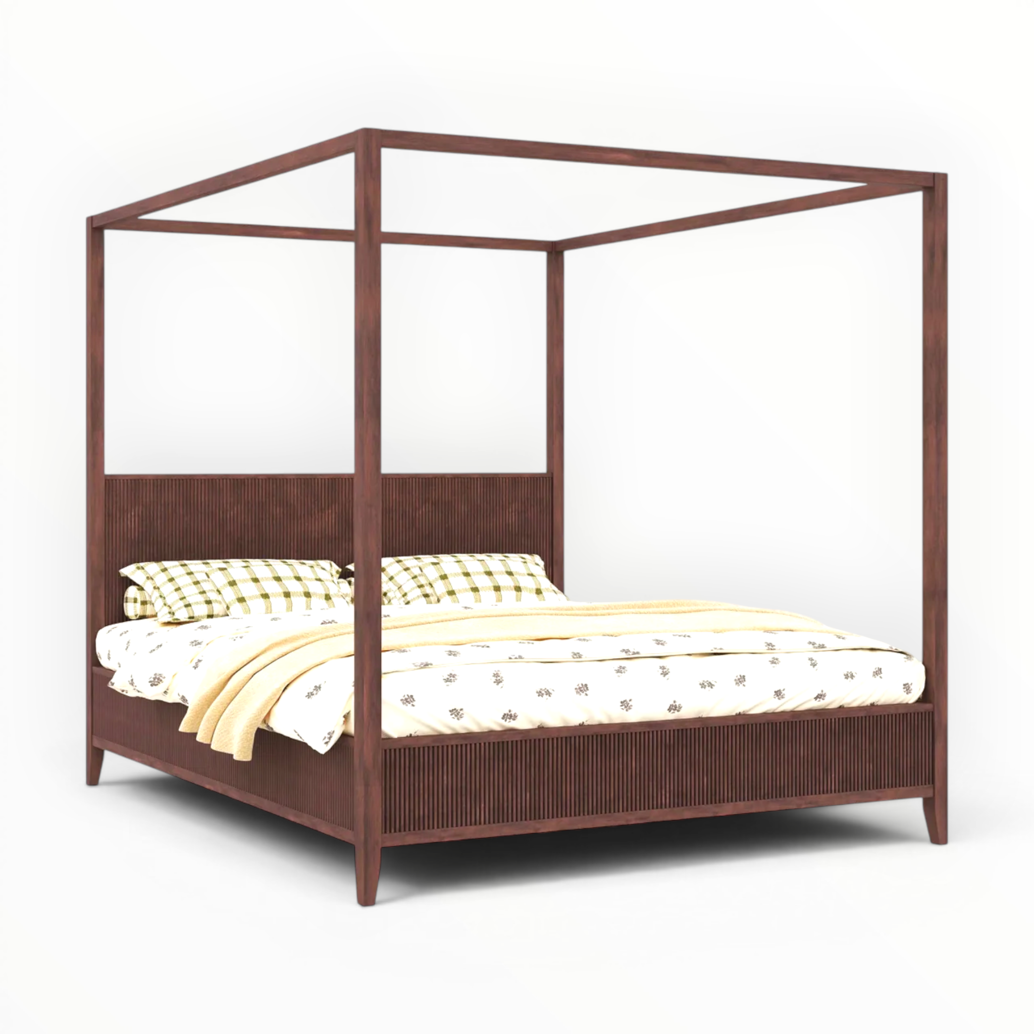 Wooden canopy bed with bedding on a white background